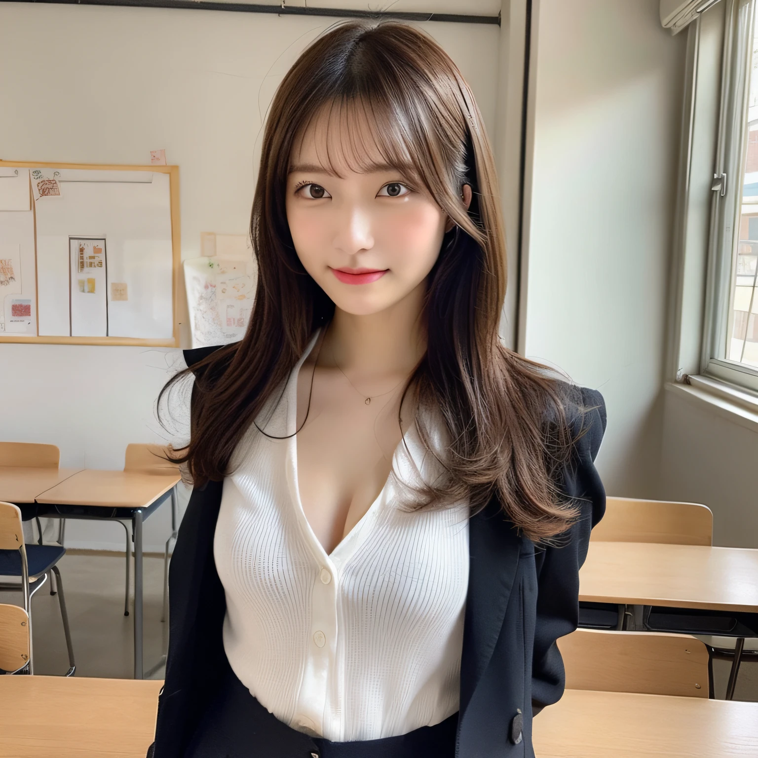 ((最好质量、8K、巨作:1.3))、Beautiful Women in Perfect Figure:1.4、１ten mens、A 25-year-old woman、maturefemale、dark brown hair、big tit、Camisa blanca、Black jacket、Black tight skirt、Highly detailed facial and skin texture、Detailed eye、双眼皮,Wet body:1.2,(sweat Breasts:1.2)‎Classroom、Lively classrooms、standing on a desk、hip lines、look at a camera、