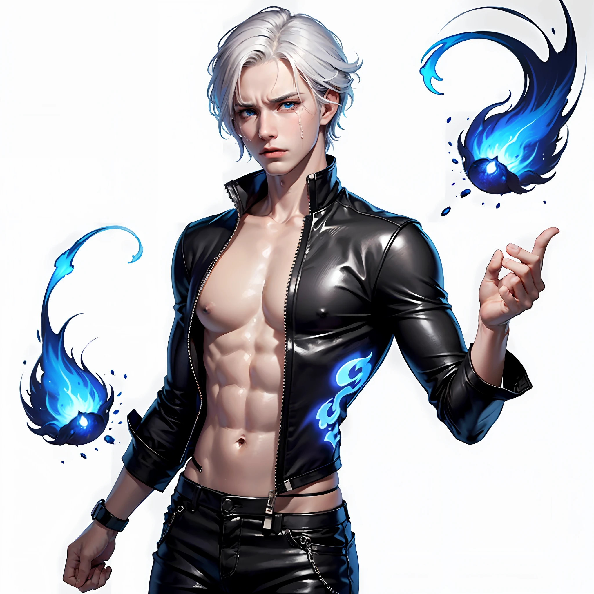 a male character left white hair and right black hair on a neutral background an extreme expression of anger with blue eyes crying a blue flame liquid, (black hair), --auto --s2