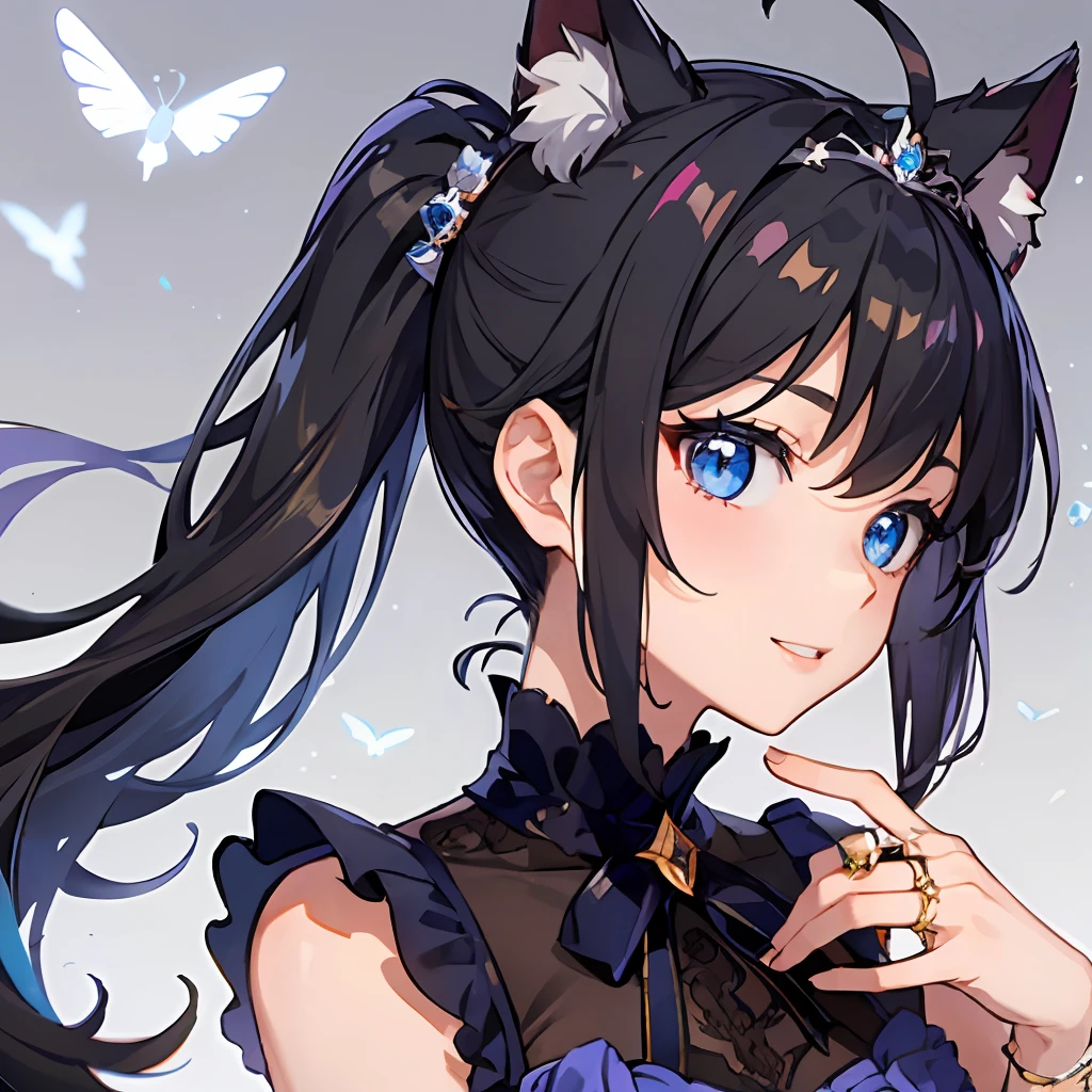 ((beste-Qualit))、((шедевр))、((ultra-definition))、(illustratio)、(Fine light)、(Extremely delicate and beautiful)、(((独奏)))、1 girl in、(((beautiful a girl)))、opened mouth、Shy smile、(Black-haired), (Black cat ears), (Ahoge), (absurdly short hair), (Maeby Hair), (Blue eyes),Fashionable background、doress、Wearing a tiara、Wearing a ring on the ring finger of his left hand、Kamimei、