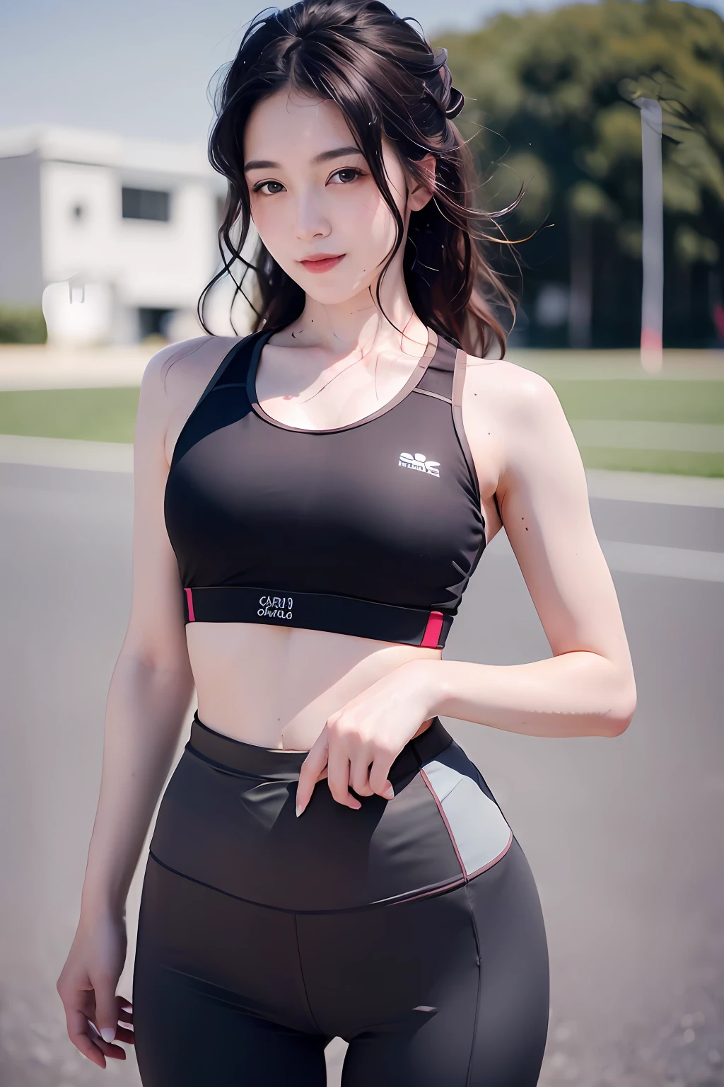 (solo), (a detailed full body RAW photo of a girl), (masterpiece:1.0), (best quality:1.4), (ultra highres:1.2), (photorealistic:1.4), 8k resolution, Canon EOS R5, 50mm, absurdres, ultra detailed, (20 y.o), sharp focus, cinematic lighting, detailed beautiful face, (makeup:1.2), (ulzzang-6500-v1.1), petite figure, detailed skin texture, pale skin, flat chest, (skinny and fit body:1.3), thigh gap, detailed brown hair, sweltering,(very messy hair:1.5), smiling, (sports bra, sports leggings:1.4), realistic glistening skin,(sweating:1.45), slim waist, seductive ,smile,gym background
