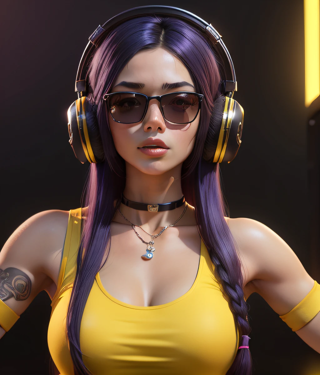 Girl with stunning 3D resolution 12K character in style [Hip Hop], seios grandes, topo amarelo, cabelo roxo longo, chibi em detalhes (corpo inteiro), altamente detalhado, brilhante, ultra alta qualidade, hiper-realismo, renderizado, [octan render]. --auto