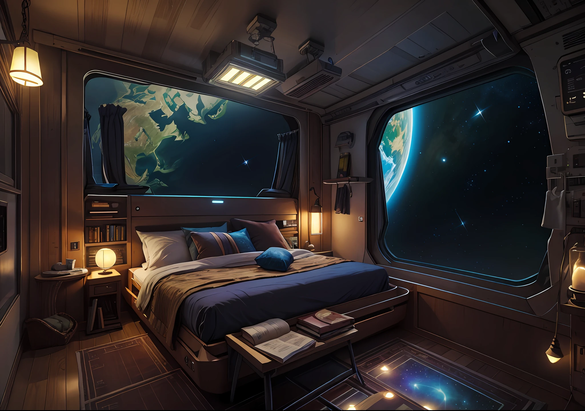 Bedroom quarters aboard a space station with a large window view of earth