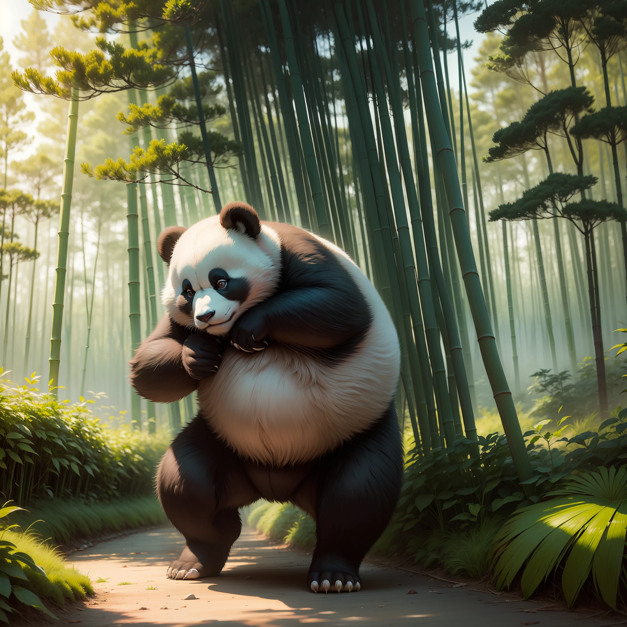 martial arts action,pandas,chibi,bamboo grove,Chinese style buildings,Natural scenery --auto