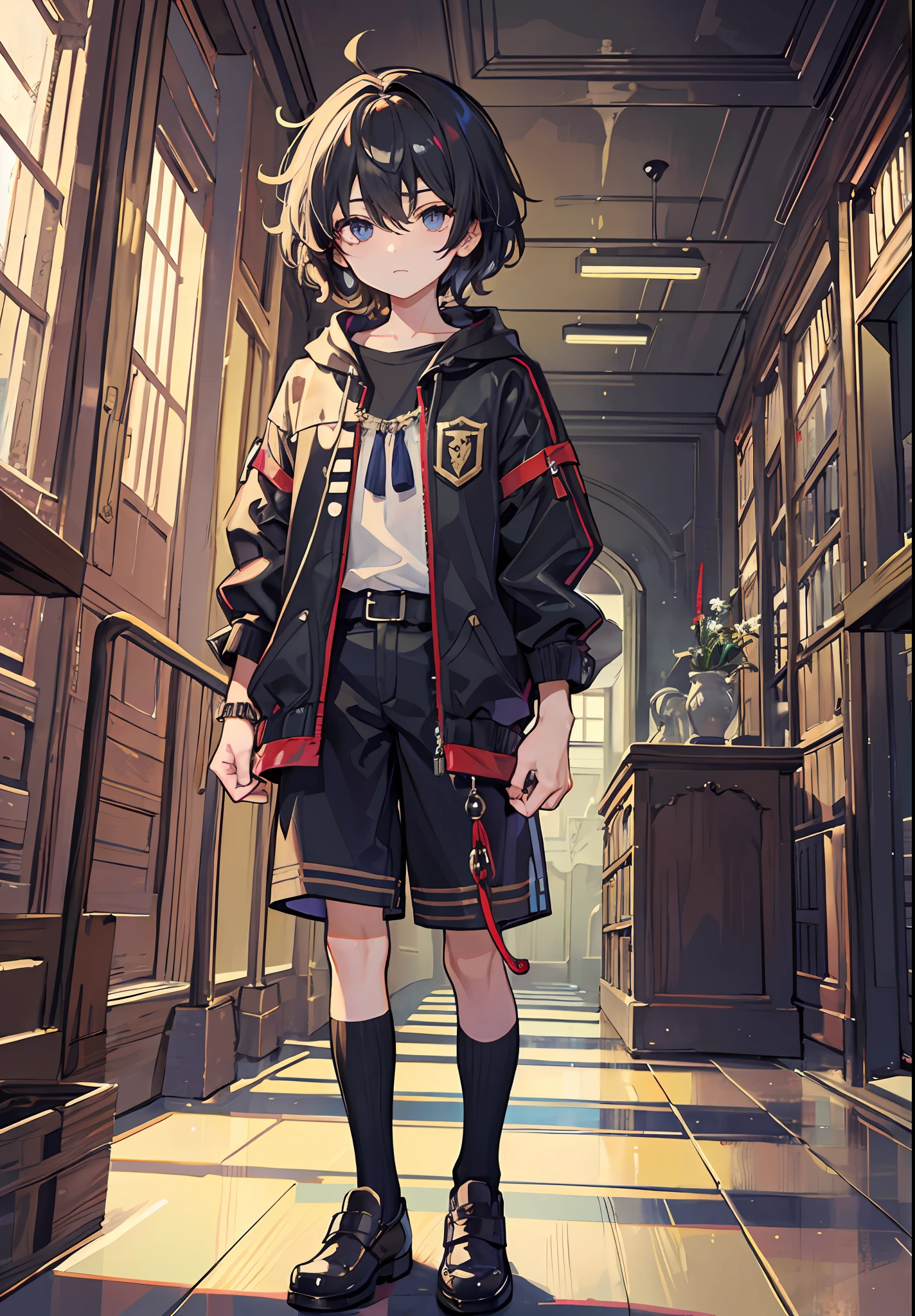 focus on character, shota, boy, male, ???, child, aristocratic clothes, fantasy, , medieval, spacious shorts, library, black hair, tousled hair, shaggy hair, protruding hair, puffy hair, black eyes, solo, alone, focus on character, 8k, HDR, 8k HD, hyper-detalied, detailed character, detailed eyes, detailed face, detailed eyes, correct eyes