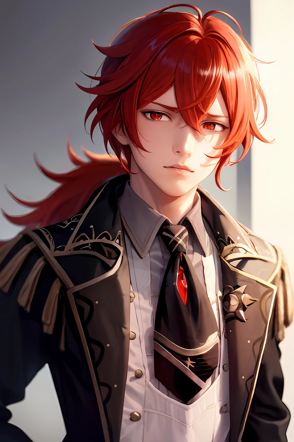 masterpiece, best quality, diluc (genshin impact), 1boy, red hair, male focus, long hair, gloves, solo, red eyes, bangs, long sleeves, looking at viewer, jacket, hair between eyes, ponytail, black gloves, black jacket, upper body, simple background,(kbxll:0.6), dynamic pose, The man of the night