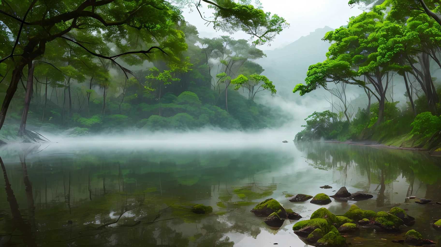 Floresta com um rio, with mist under water, lots of trees, dense vegetation, UHD, 4k --auto
