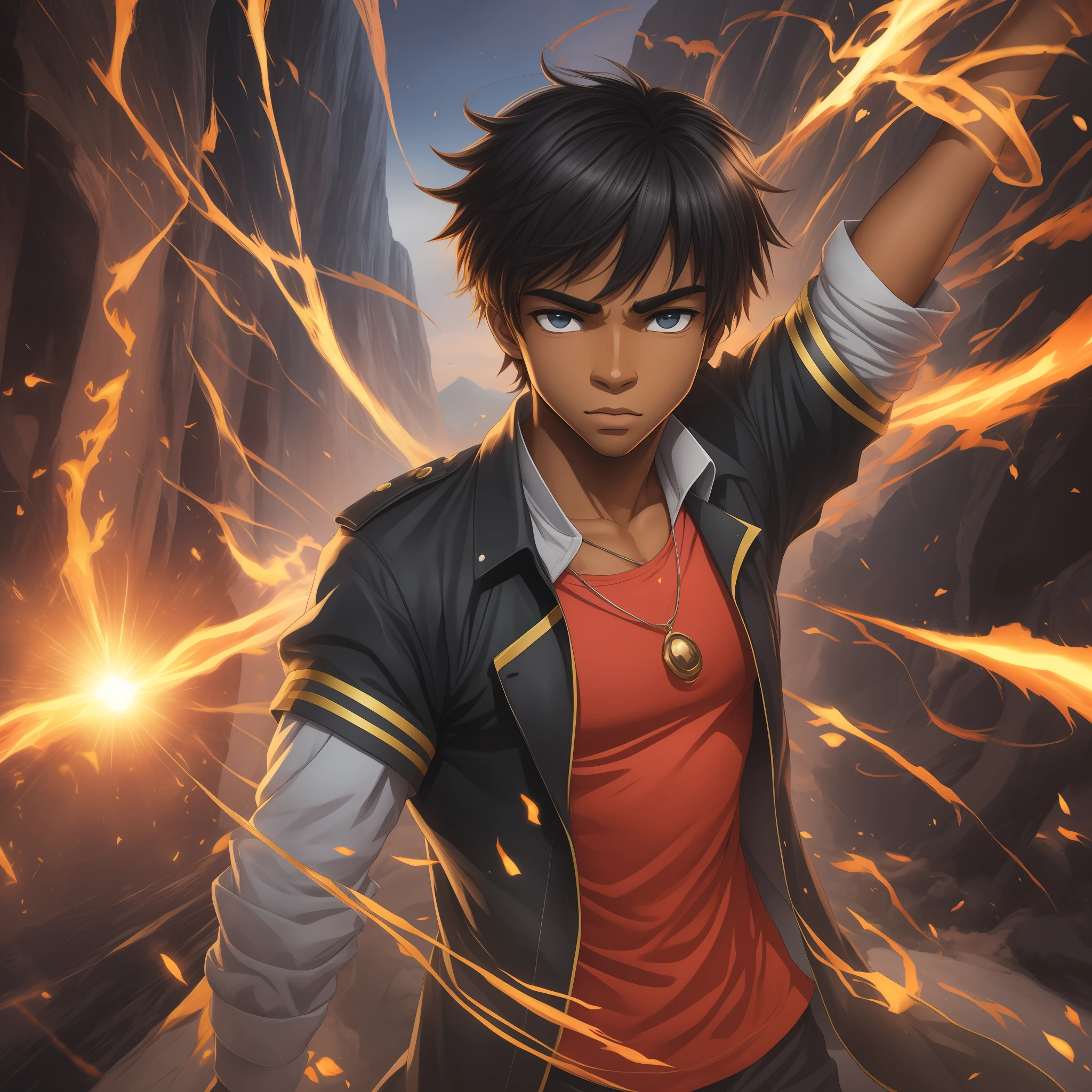 Jovem negro de , sentando em uma pedra, characteristics of a 16-year-old, anime traits, poderes elementais de energia, cacheados escuros, male gender, cor de pele escura