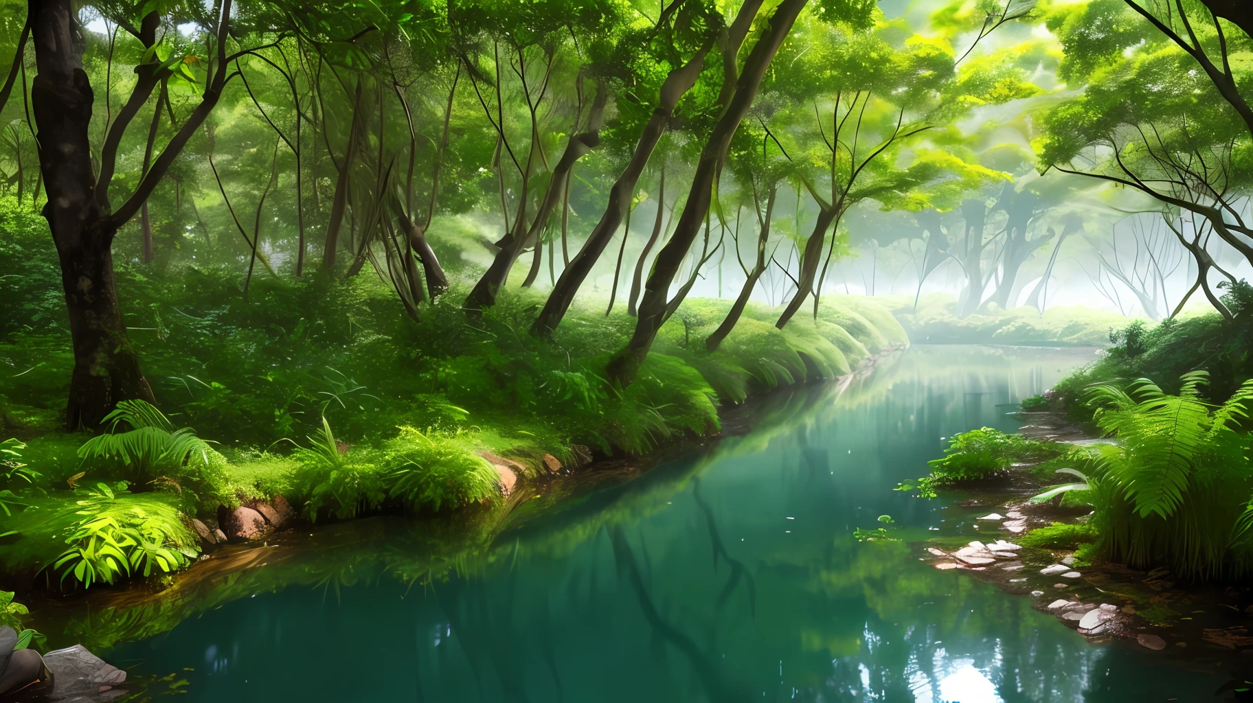Floresta com um rio, with mist under water, lots of trees, dense vegetation, UHD, 4k --auto