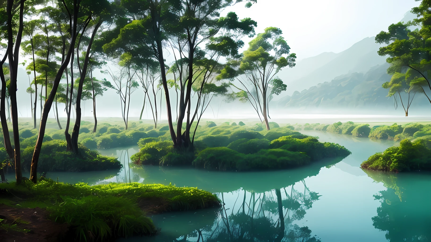 Floresta com um rio, with mist under water, lots of trees, dense vegetation, UHD, 4k --auto