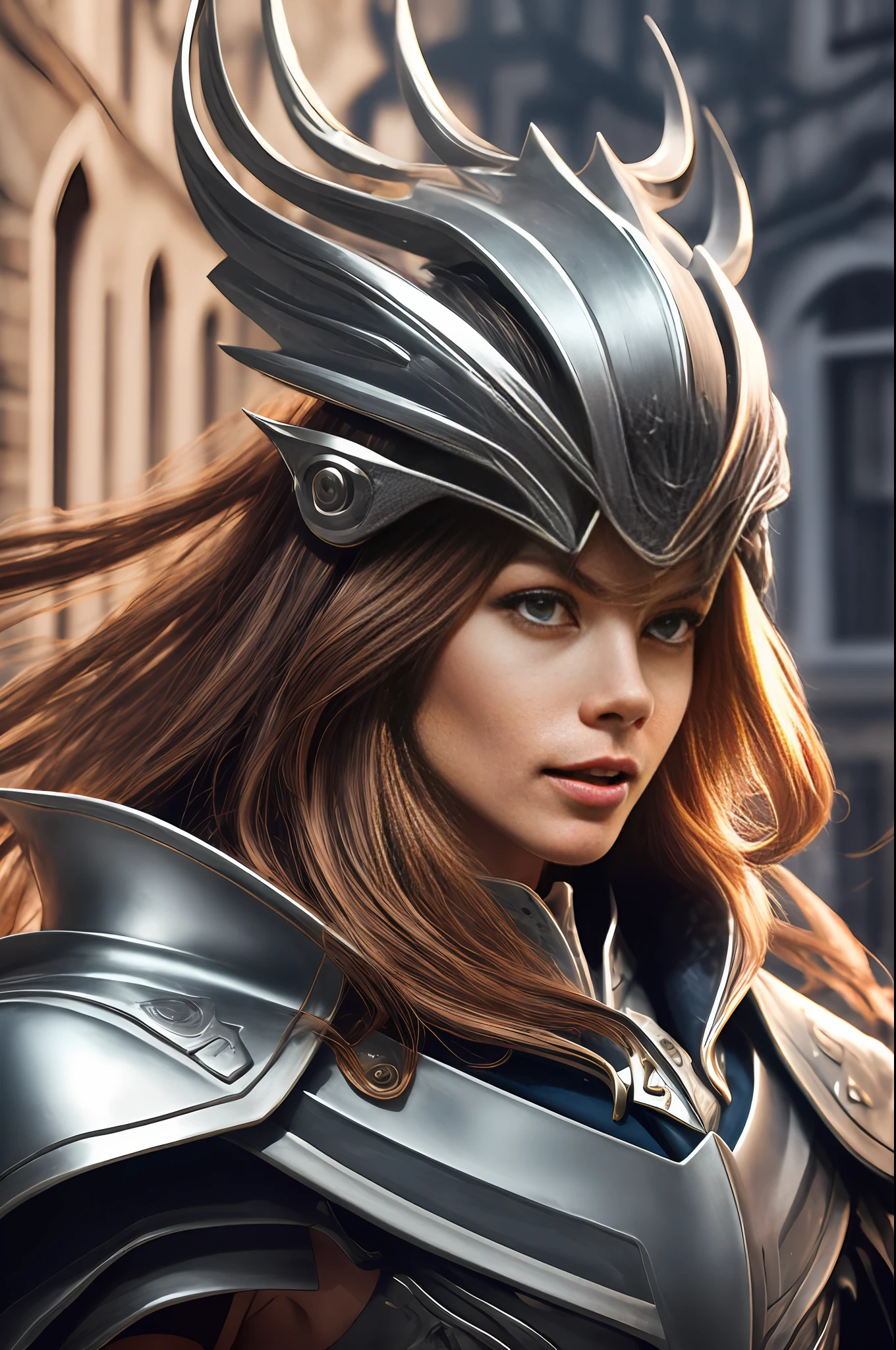 Close-up, a French female knight (kate beckinslae, slender, young, long wavy brown hair blowing in the air, bright blue cloak, amber pupils, full metal armor, wearing a small crown on her head, metallic texture, pious eyes , confident, freckles , fresh style, heroic, light makeup, delicate facial features, tall figure, standing model) Bright Skin: 1.2, Bright Face: 1.2, Cinematic Light: 1.3, Soft Light, Silver:: 0.8, High Detail: :1.3, Ultra High Quality::1.3, High Resolution, 16K Resolution, Ultra HD Pictures, Ultra Realistic, Clear Details, Realistic Details::1.3, Ultra High Definition, Light Background (Medieval Street, Blue Sky)