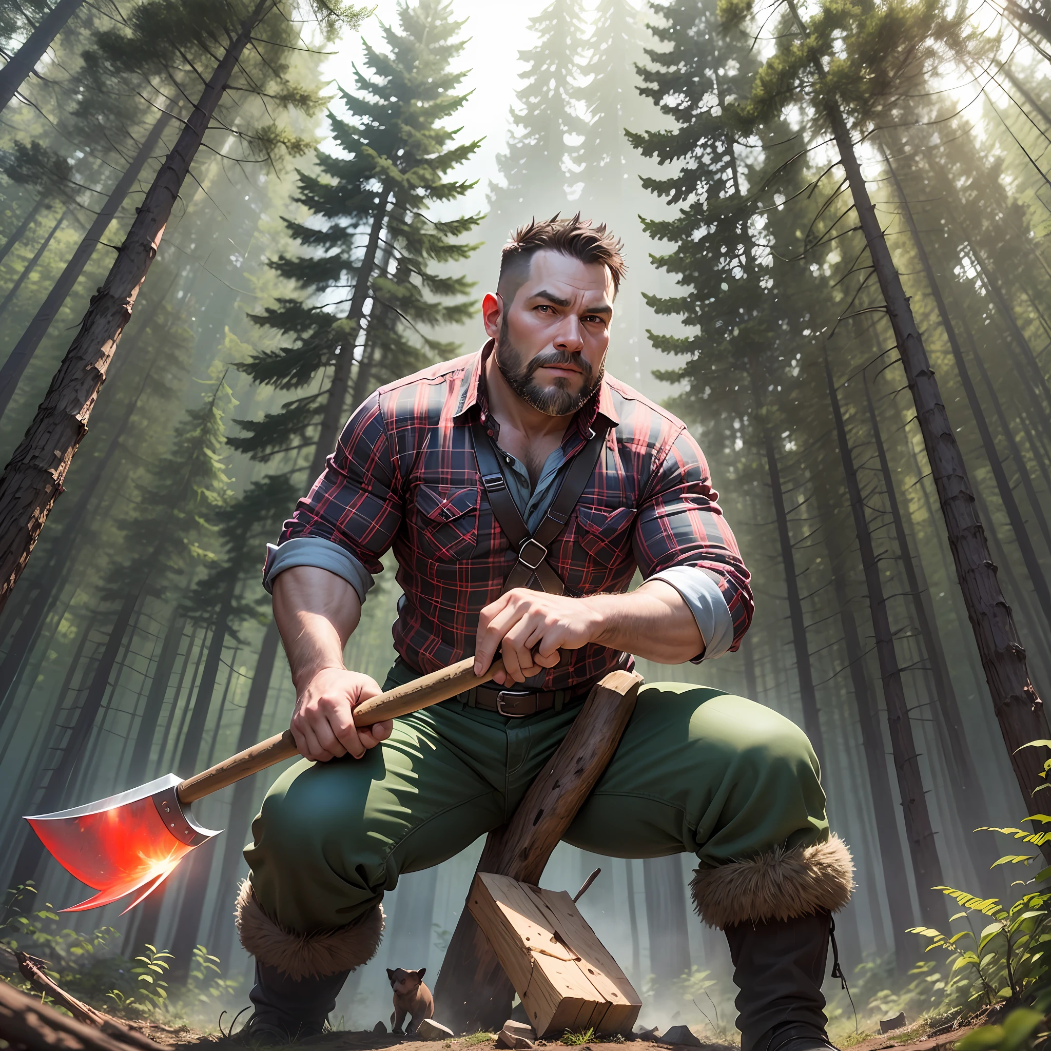 40-year-old man, lumberjack, in the forest, evil face, red checkered shirt, with an ax in his hand chopping wood, and a black bear behind him ready to attack. --auto --s2