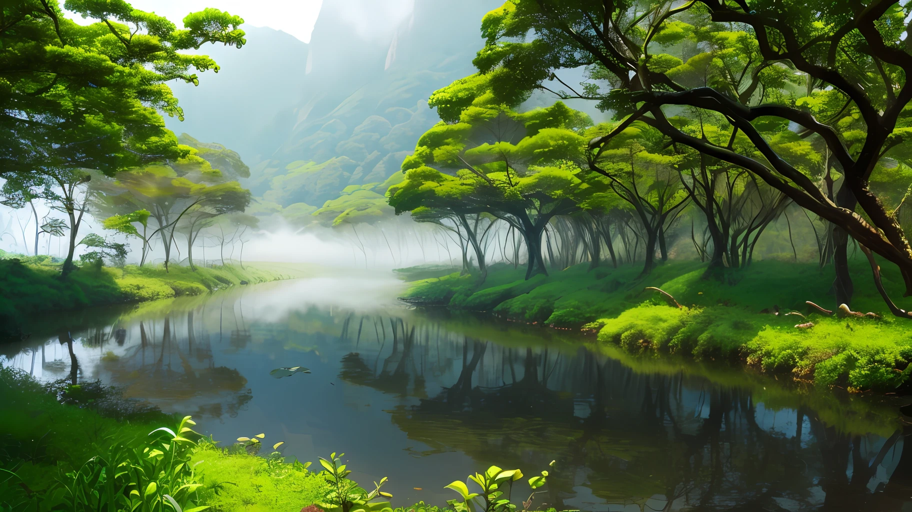 Floresta com um rio, with mist over the water, lots of trees, dense vegetation, UHD, 4k --auto