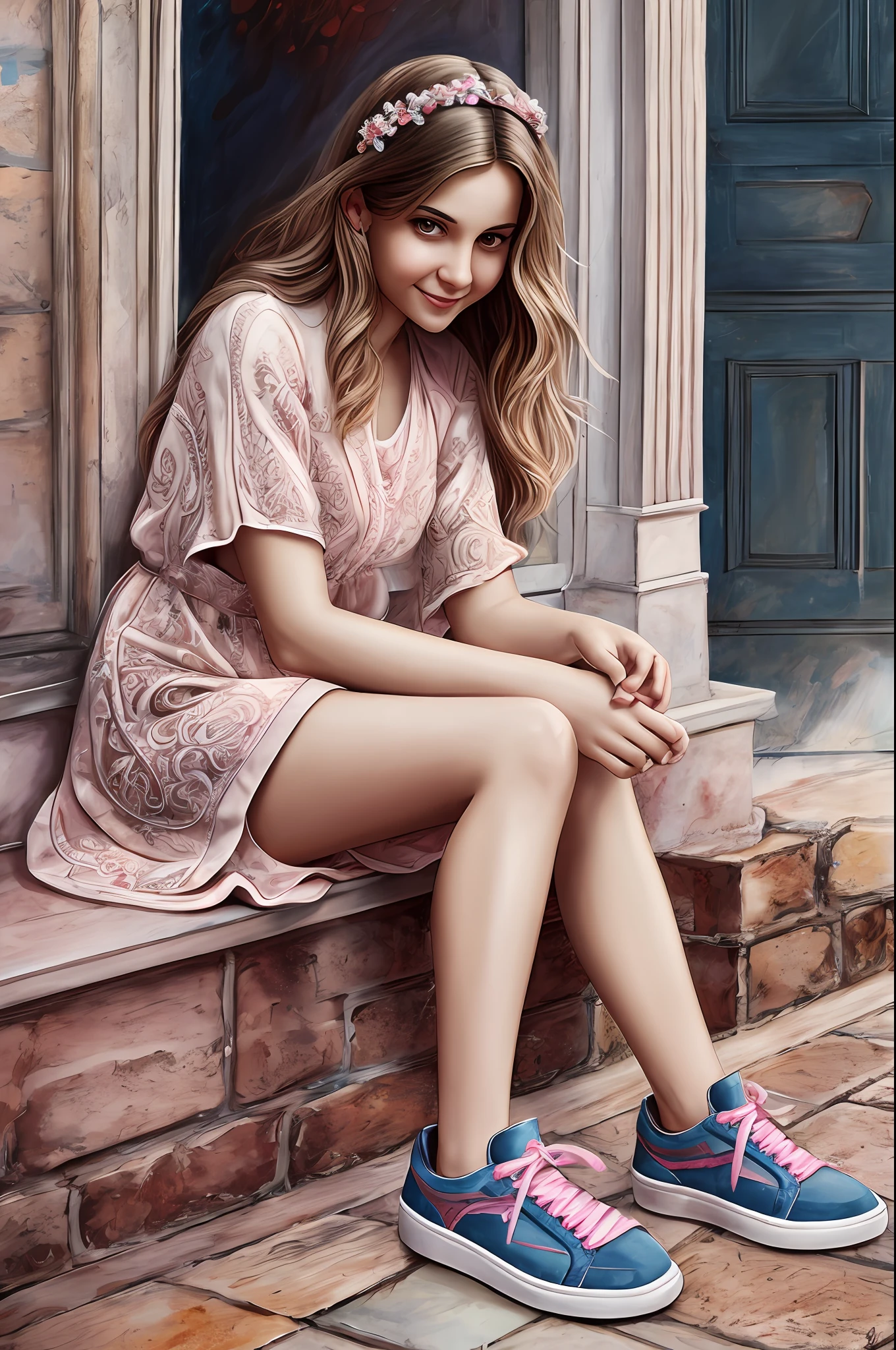 Gorgeous, young Maria Lopukhina, with emotional eyes and wet hair, in a wet light summer dress, a Khokhloma style dress, smiling happily in pink sneakers, Sat down, On the attack of the porch with your legs dangling, Paving stones in the park, intricate details, 16k, Dynamic photo, (the atmosphere of the photo in Yuri Arkurs style),, Stunning, Highly detailed, 8K, ornate, Intricate, Cinematic, Raw, atmospheric, (oil painting:0.75), (headband:0.75),(teal:0.2),(orange:0.2), (by Jeremy Mann:0.5), (by John Constable:0.1),(by El Greco:0.5),(acrylic paint:0.75), gradient oil painting on canvas, 8K