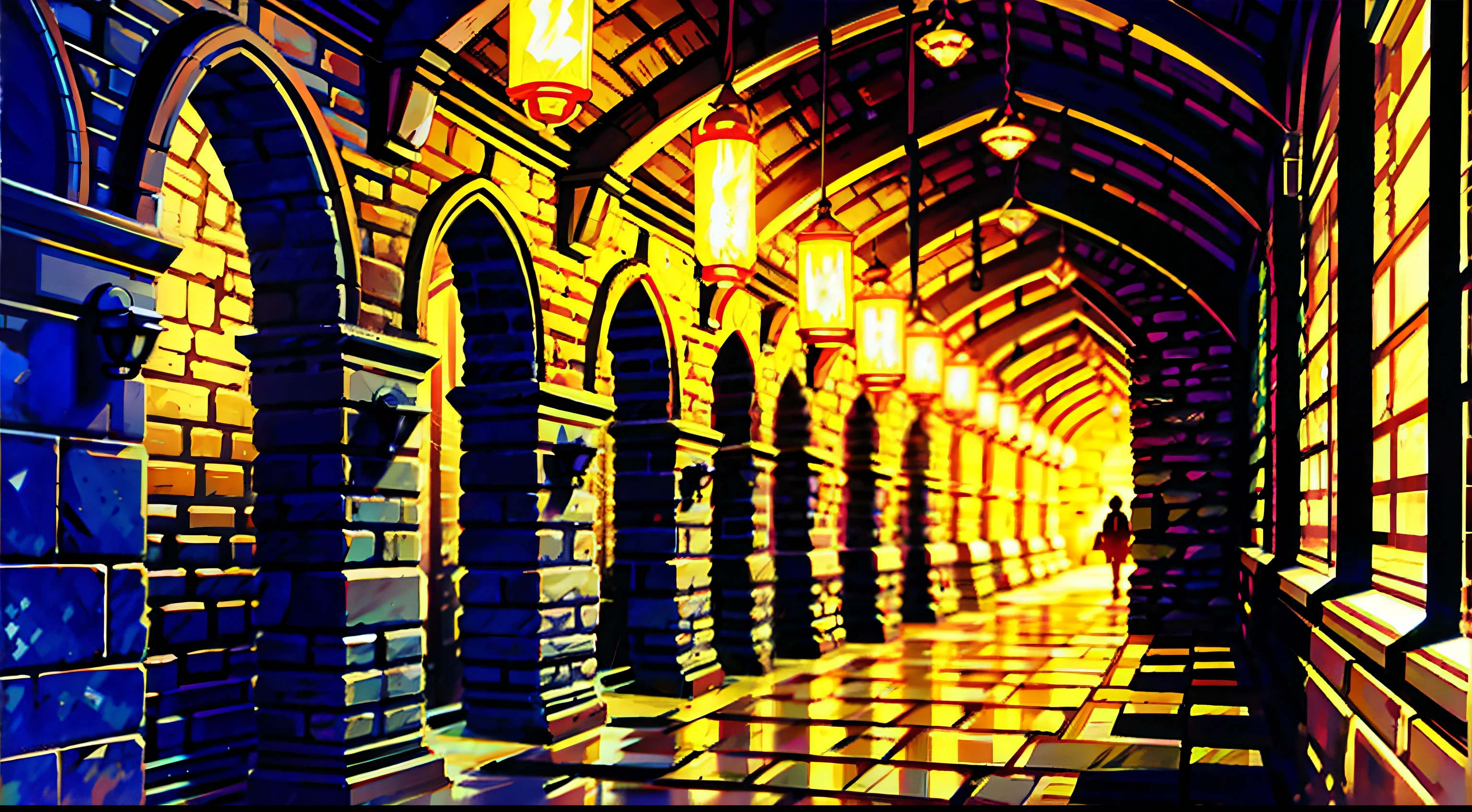 illustration,  The corridor of the castle, Cold Lock, Stone walls, torches on the walls, Inside the castle, hall, Torches hang on the wall, the night