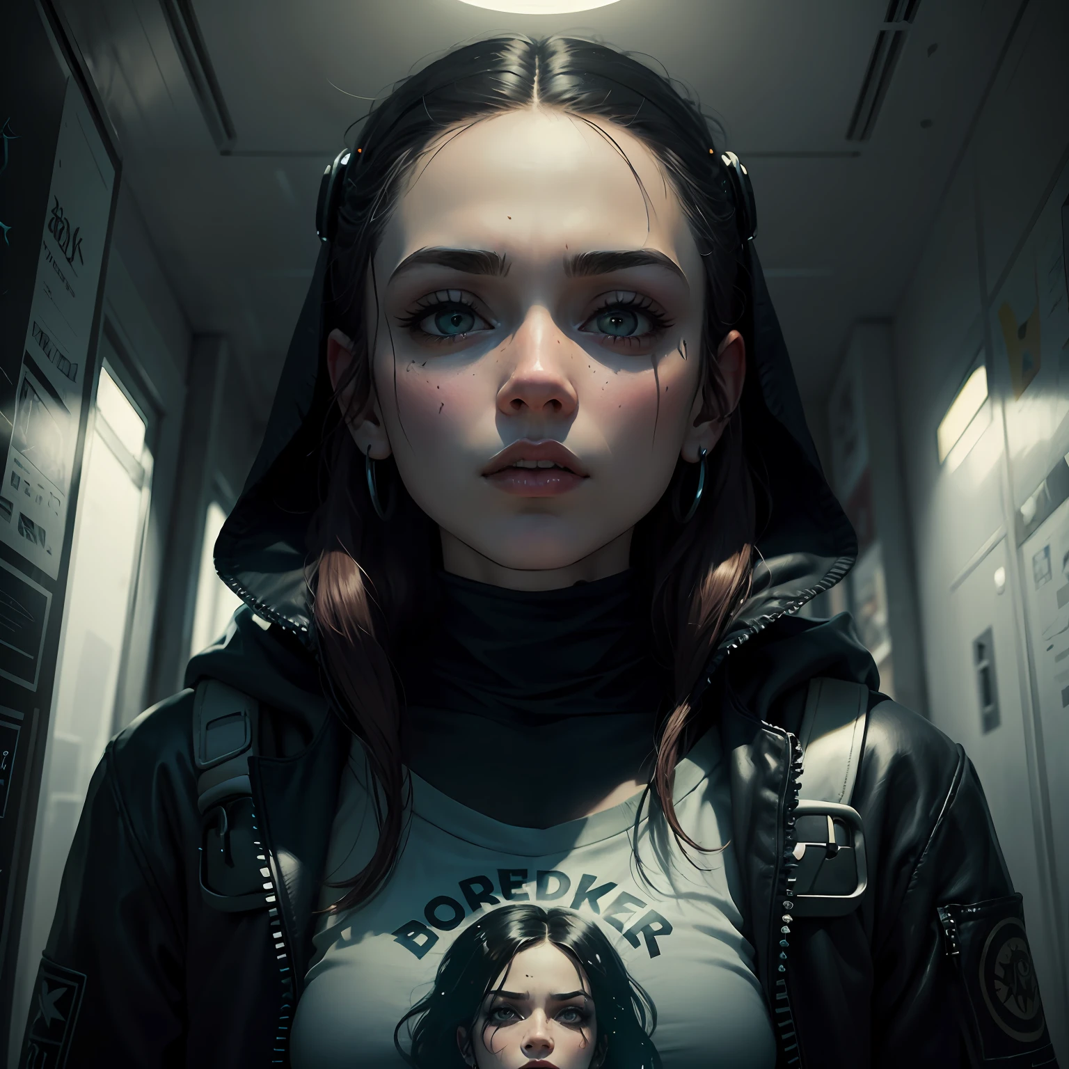 arte para camiseta, 2D, ((fundo preto :1, 5)), vetor, cores vivas, personagem da roupa cyberpunk, obra-prima, melhor qualidade, detalhes intrincados, perfect symmetrical face, detalhes realistas, gothic theme, luz da borda, luar, cinematic shading, Greg Rutkowisk --auto