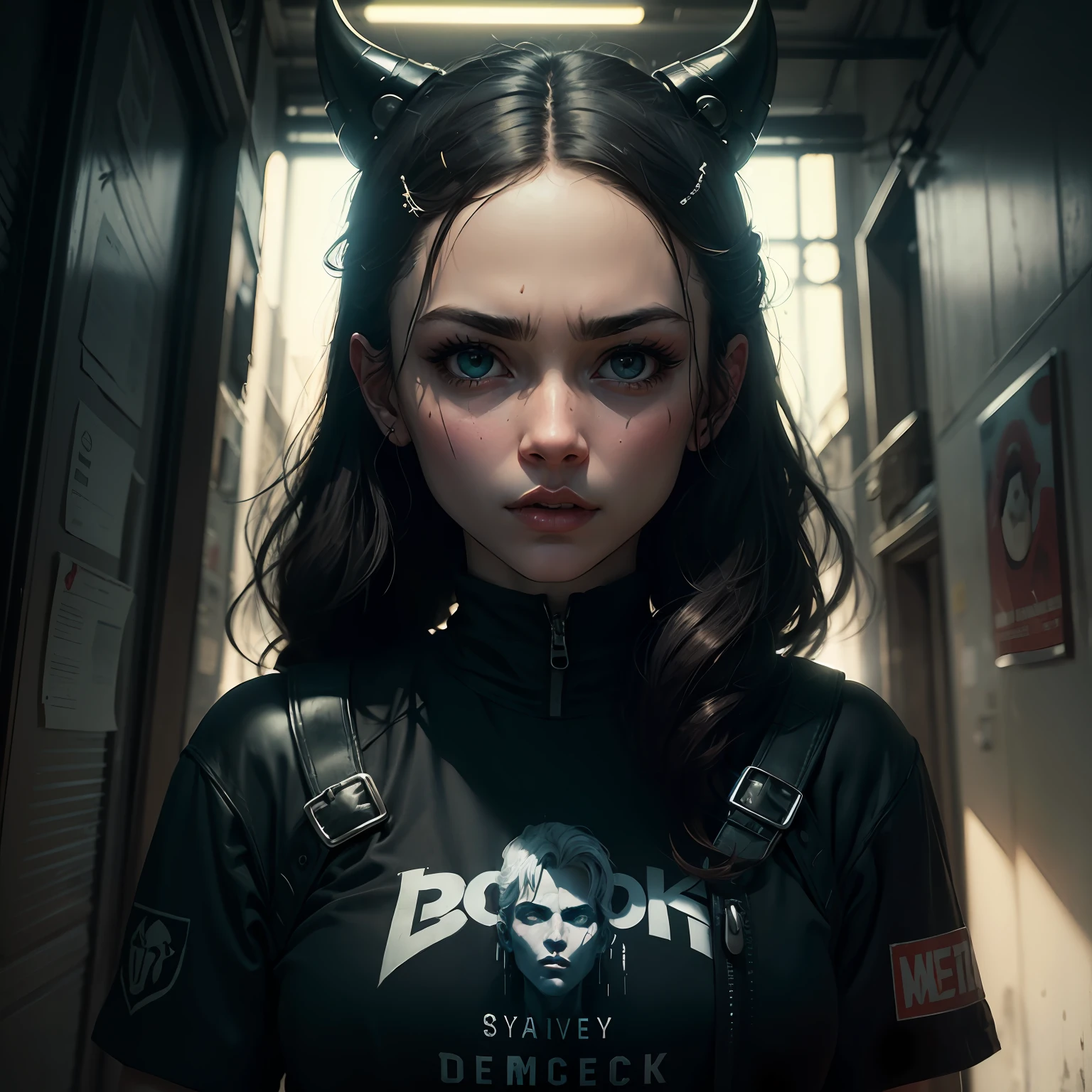 arte para camiseta, 2D, ((fundo preto :1, 5)), vetor, cores vivas, personagem da roupa cyberpunk, obra-prima, melhor qualidade, detalhes intrincados, perfect symmetrical face, detalhes realistas, gothic theme, luz da borda, luar, cinematic shading, Greg Rutkowisk --auto