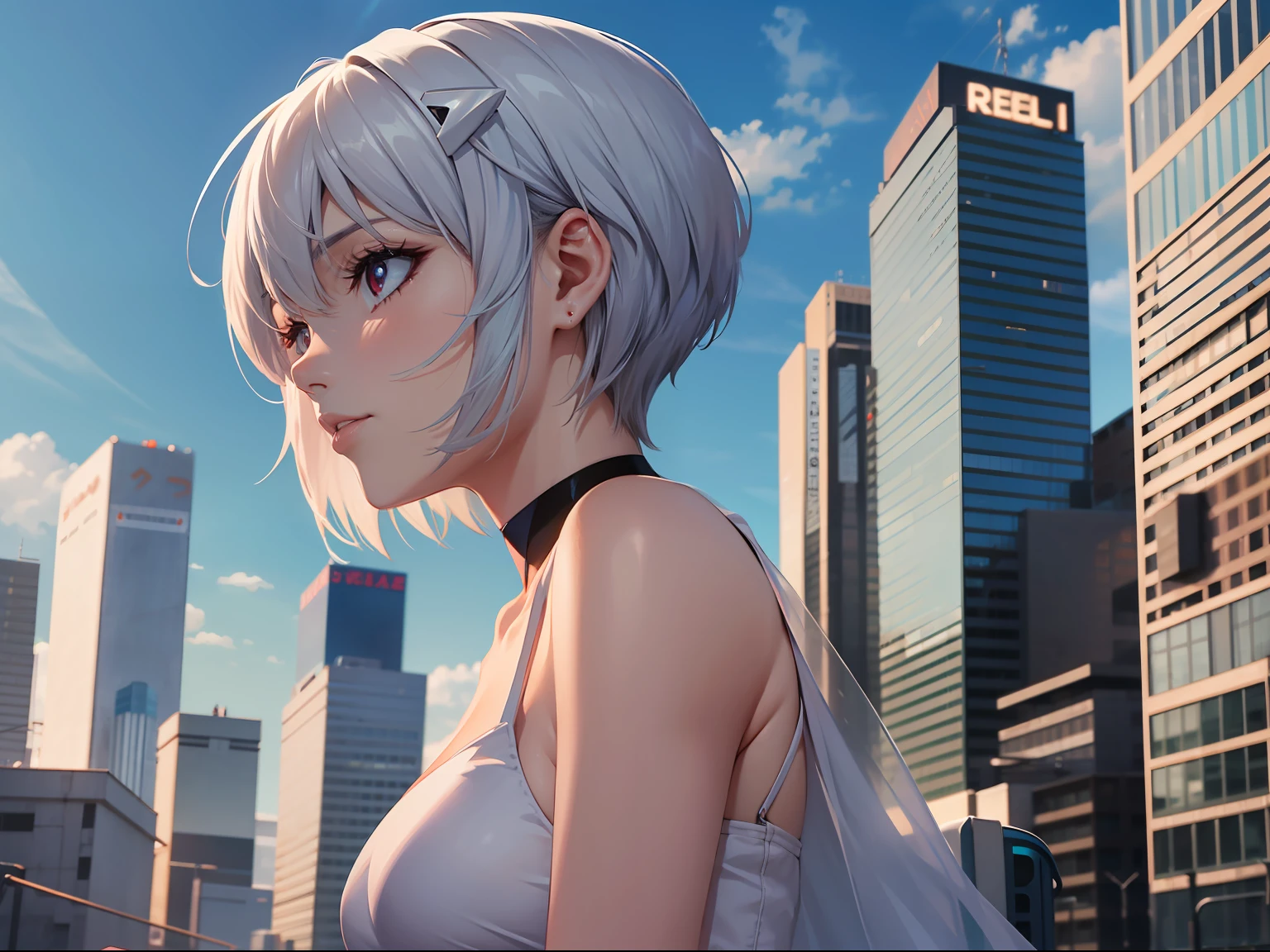 Best quality,4k,a close up of a person standing in front of a blue background, neon genesis evangelion style, Rei Ayanami, rings station game, rebuild of evangelion 1 0 8 0 p, Rei from evangelion, neon genesis evangelion, evangelion third impact inspired, beautiful Rei from evangelion, anime visual