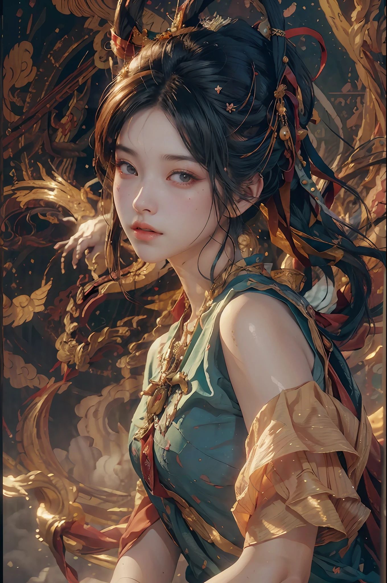 (RAW photo, best quality), (realistic, photo-realistic:1.3),best quality,highly detailed,masterpiece,ultra-detailed,illustration,1girl,upper_body,dynamic angle,world masterpiece theater,messy_long_hair,best quality,extremely detailed CG unity 8k wallpaper,ink,Amazing,cinematic lighting,lens_flare, dunhuang_style