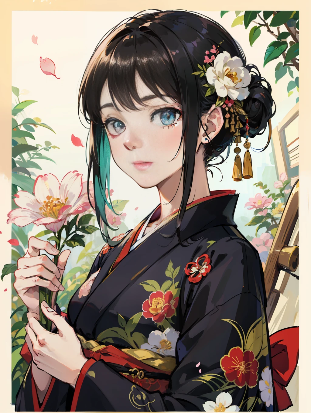 Mature girl、A slight smile、Black-haired、Colorful Japan kimono、Nishijin Ori、Delicate and smart eyes、intricate damask hanfu、Luxury Accessories、FOV、F1.8、шедевр、complex scenes、flower petals flying、Diagonal portrait shot、