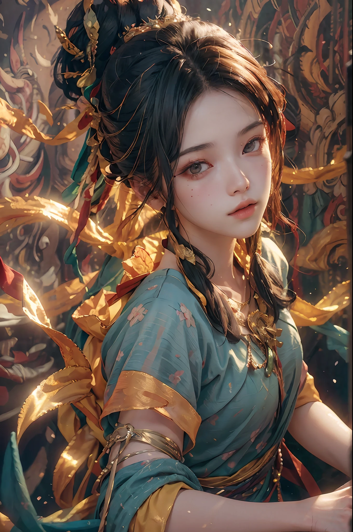 (RAW photo, best quality), (realistic, photo-realistic:1.3),best quality,highly detailed,masterpiece,ultra-detailed,illustration,1girl,upper_body,dynamic angle,world masterpiece theater,messy_long_hair,best quality,extremely detailed CG unity 8k wallpaper,ink,Amazing,cinematic lighting,lens_flare, dunhuang_style