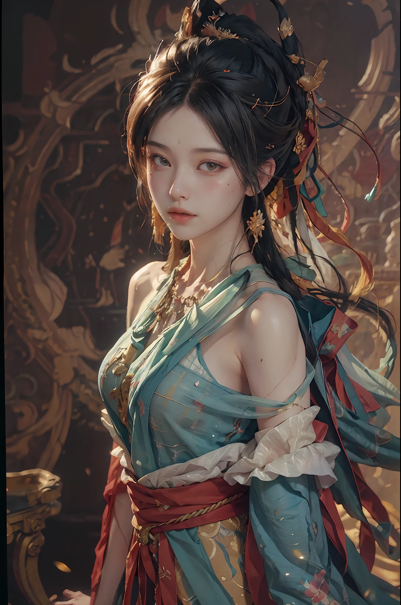 (RAW photo, best quality), (realistic, photo-realistic:1.3),best quality,highly detailed,masterpiece,ultra-detailed,illustration,1girl,upper_body,dynamic angle,world masterpiece theater,messy_long_hair,best quality,extremely detailed CG unity 8k wallpaper,ink,Amazing,cinematic lighting,lens_flare, dunhuang_style