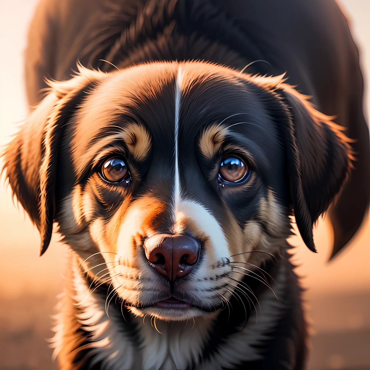Close-up photo of a dog's face Labrador puppy in black Happy color, sun sunset, 80mm, F/1.8, DOF, Bokeh, proFundidade de campo, espalhamento subsuperFicial, pontilhamento --auto