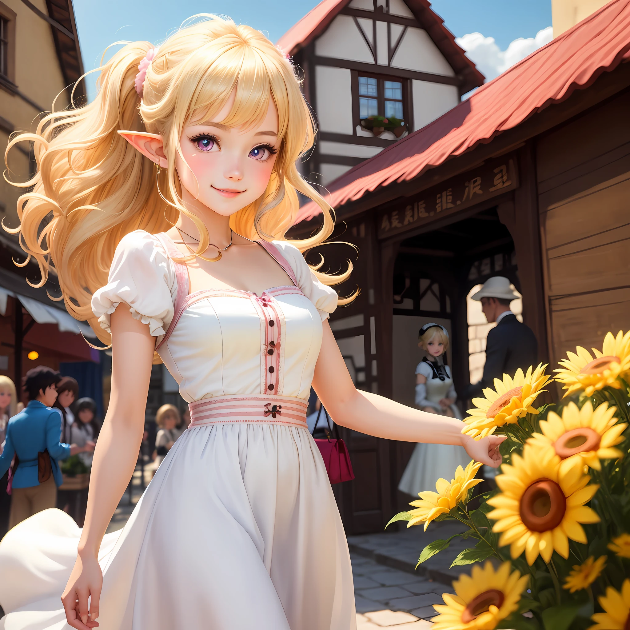 (Best Quority,a masterpiece of,Artistically)A young girl in a white dress,Creamy blonde hair。Large wave rolls。the hair flutters with the wind。By bangs。Pink eyes。Elf ears。animemanga girl,Realistic style,CG。ssmile。Rococo dress。A bazaar in a medieval retro town。sun beam,Sunny weather。