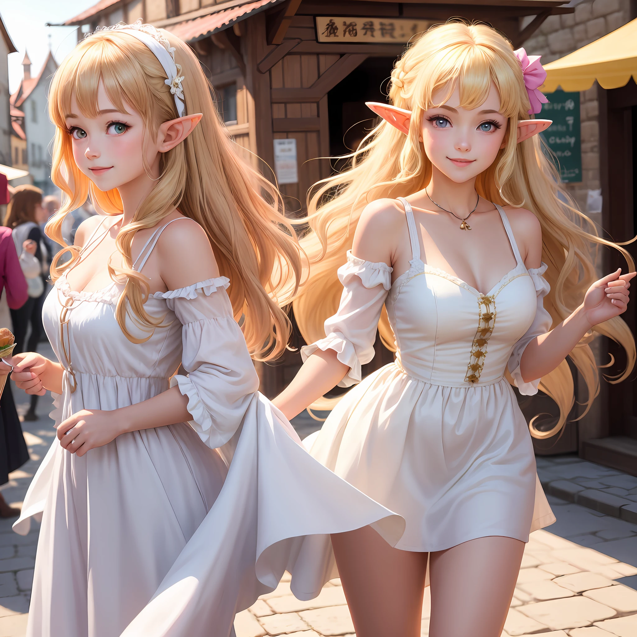 (Best Quority,a masterpiece of,Artistically)A young girl in a white dress,Creamy blonde hair。Large wave rolls。the hair flutters with the wind。By bangs。Pink eyes。Elf ears。animemanga girl,Realistic style,CG。ssmile。Rococo dress。A bazaar in a medieval retro town。sun beam,Sunny weather。