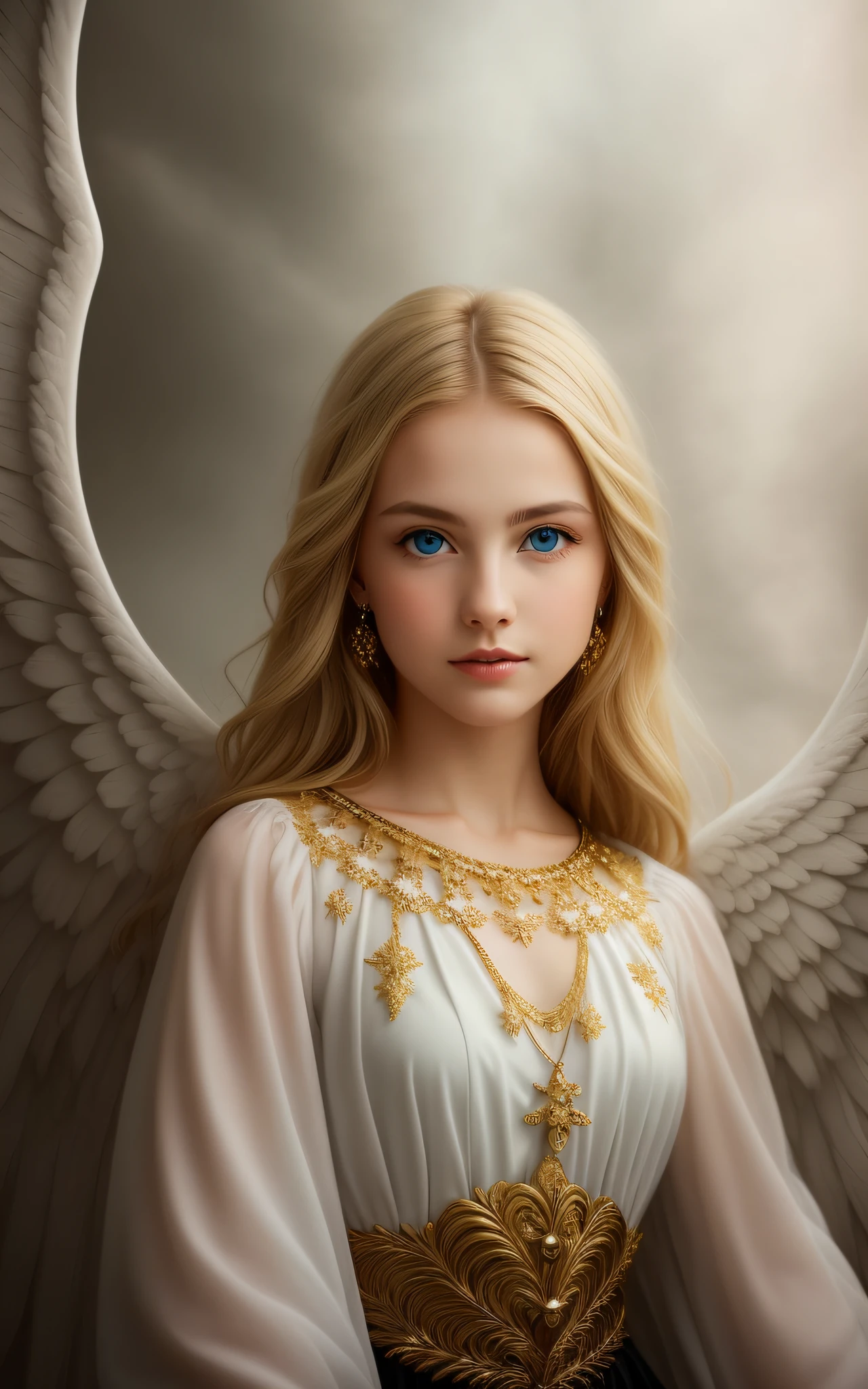 blond angel with blue eyes and golden jewelry, portrait of a beautiful angel, beautiful angel girl portrait, beautiful angel, beautiful female angel, of an beautiful angel girl, of beautiful angel, angel girl, girl with angel wings, angelic face, beautiful angelic wings, winged girl angel, angelic, beautiful fantasy art portrait, angel, finely detailed angelic face, a stunning young ethereal figure