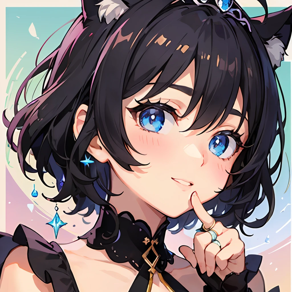 ((beste-Qualit))、((шедевр))、((ultra-definition))、(illustratio)、(Fine light)、(Extremely delicate and beautiful)、(((独奏)))、1 girl in、(((beautiful a girl)))、opened mouth、Shy smile、(Black-haired), (Black cat ears), (Ahoge), (absurdly short hair), (Maeby Hair), (Blue eyes),Fashionable background、doress、Wearing a tiara、Wearing a ring on the ring finger of his left hand、Kamimei、I put my index finger on my cheek、