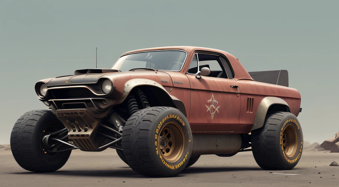(((low-slung tuned futuristic cyberpunk mate brown badass rat rod zeekar))) hotrod, at the parking lot, wide tires, (mad max style), muscle car, (trophee truck), (chevy camino), ((1car:1.3)), supercharger, white background, mate finish, dusty, mate simple paintjob, (muddy), 3d render, brown, smooth lines, smooth bodywork, (octane render), huge slick tires, mate brown muddy livery, mud, rust, fat tires, ((oversized radial tires)), drag slicks