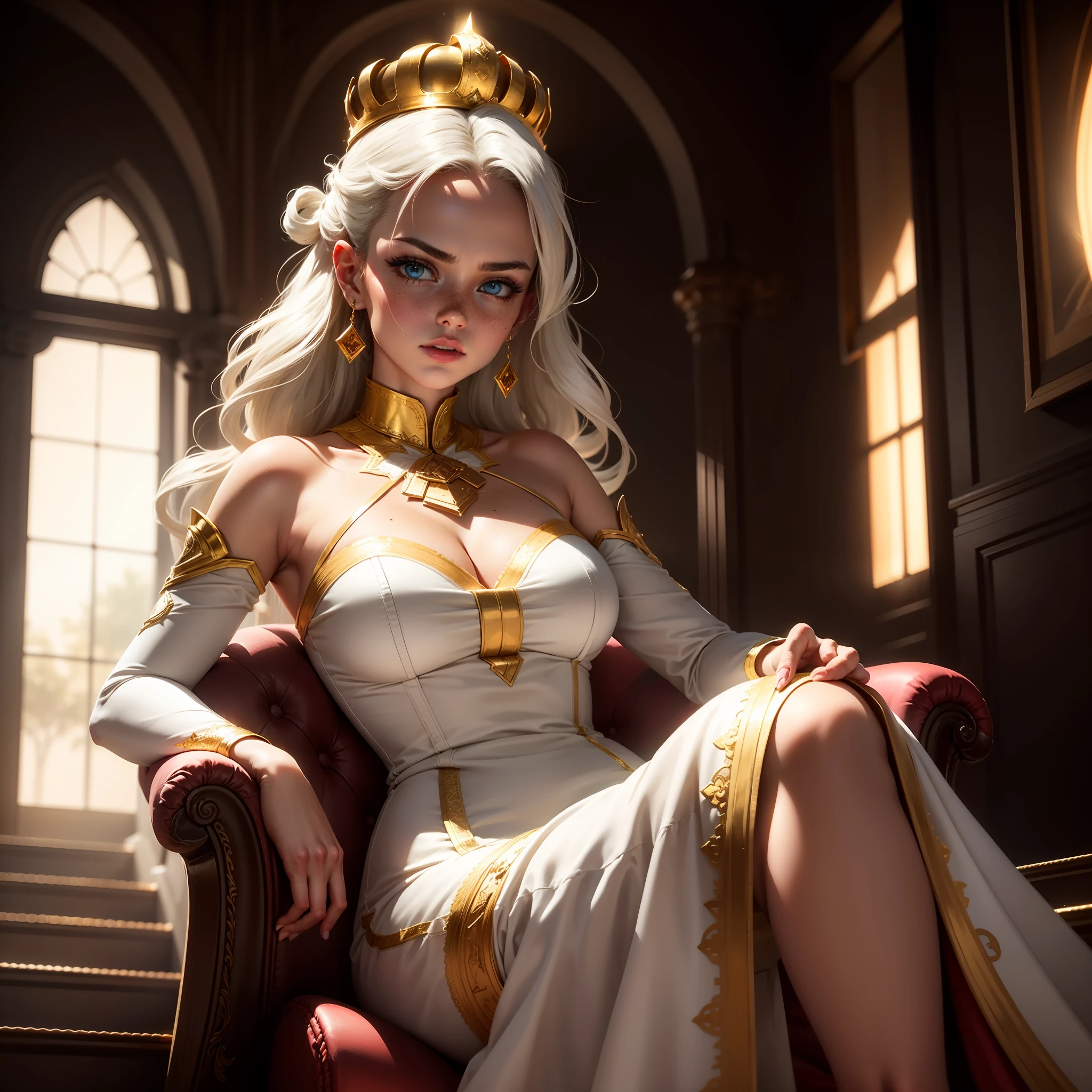 Extremely detailed woman sitting on her throne with reflective diamond details with a dominant pose in front of the stairs, giant and extremely detailed window behind her, with white blacklight, bright blonde hair with bangs, extremely large crown of diamonds, extremely light and bright large blue eyes, freckles, looking down with look of extreme contempt and hatred for the viewer,  long, white dress with gold details and red straps, white fuzzy stairs in the middle and red fabric at the ends, with identical gold details in each fold,, extremely strong lighting and shadow on the hair, extremely strong shadow on the face, diamond details,volumetric lighting, unreal render, octane render, perfect face, perfect dress, perfect hands, perfect face,  perfect eyes, glamour atmosphere, ray tracing reflections, ray traced, rtx, hdr, sharpen, cinematic, golden hour