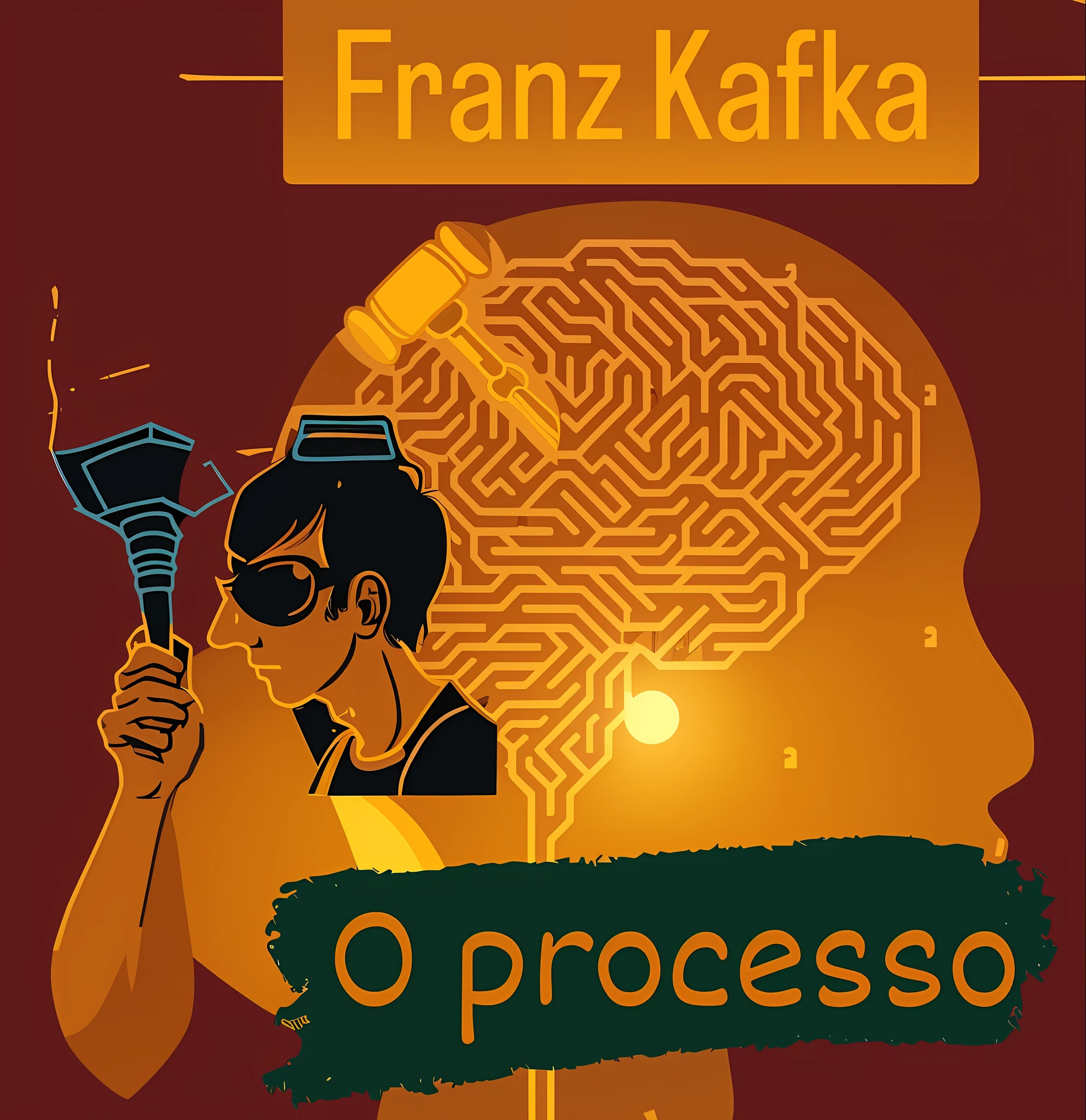 a cartoon image of a man with a hammer in his hand and a brain with a maze in the middle, Kafka, Frank Frazeta, inspirado em Francis Souza, Kafkiano, processo, Frank Franzzeta, Directed by: Francis Souza, by Antonio Parreiras, Directed by: Francesco Cozza, Frank Franzettta, Frank Frazzetta