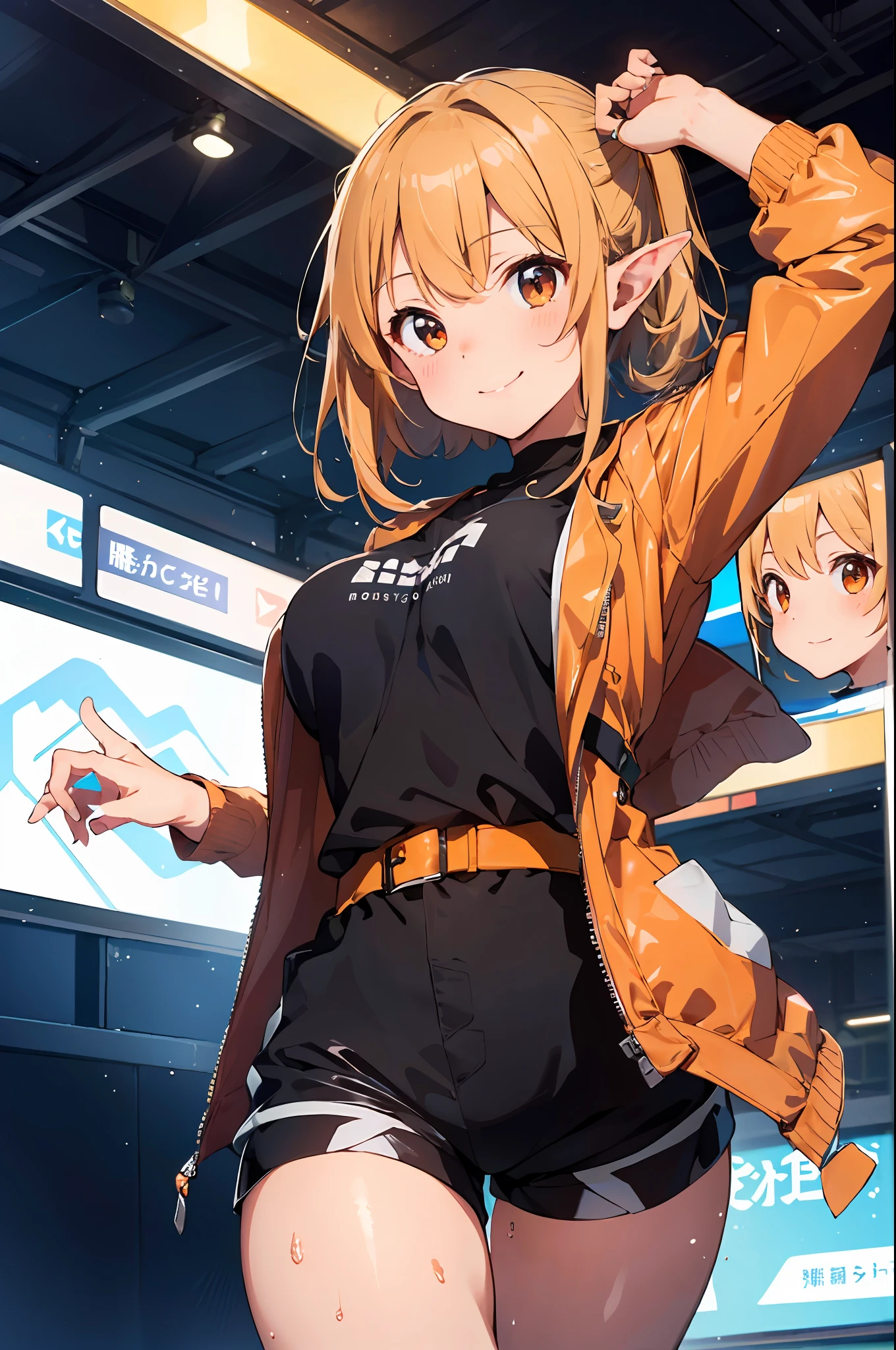 Genshin impact, (( elf)), ((best quality, high resolution, distinct image)), (delicate illustration), 8k, 1girl, solo, extremely cute and beautiful, cowboy shot, (Crypto.com Arena background:1.3), indoor live stage, blush, breasts, wet, (orange rubber jacket:1.3), (black rubber shorts:1.3), detailed clothes, standing, spread arms in the air, from below,  (large breasts:1.15), light smile, breathing, perfect anatomy, perfect proportion, seductive model posing,