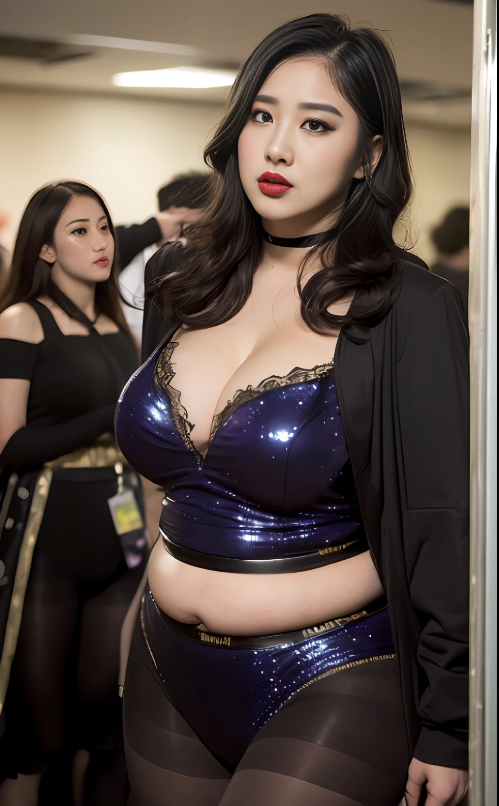 ((beste-Qualit、8K、шедевр:1.3))、sharp:1.2、sadistic、(curly haired)、hair wavy、(((plump))、(large pubis hair)、(plump)、(Detailed description of hair)、(Detailed description of face)、(Detailed description of body)、(White and translucent muscles)、matchless beauty、(Extreme beauty)、 (Fat Evil Goddess)、Wetty:1.5、Highly detailed facial and skin texture、Detailed eye、双眼皮、makeup, (lipsticks:1.1), (eye liner:1.2), mascara, eyeshadows, Large cleavage、(pantyhose:1.5)、(lipsticks、Succubus、dark heroine、villainess、Dark Princess:1.5)、(viewer、annoyed、Rogue warrant officer、Dark character:1.5)、Large cleavage、(45 yers old、:1.4)、(heavy be、Fat body:1.4))、Fighting、Bullish、Muscler、perspiring、(professional wrestling:1.2)、Photographing the whole body、fighting poses、Portrait photo of hot woman wearing college wrestling 、(plus size model)
