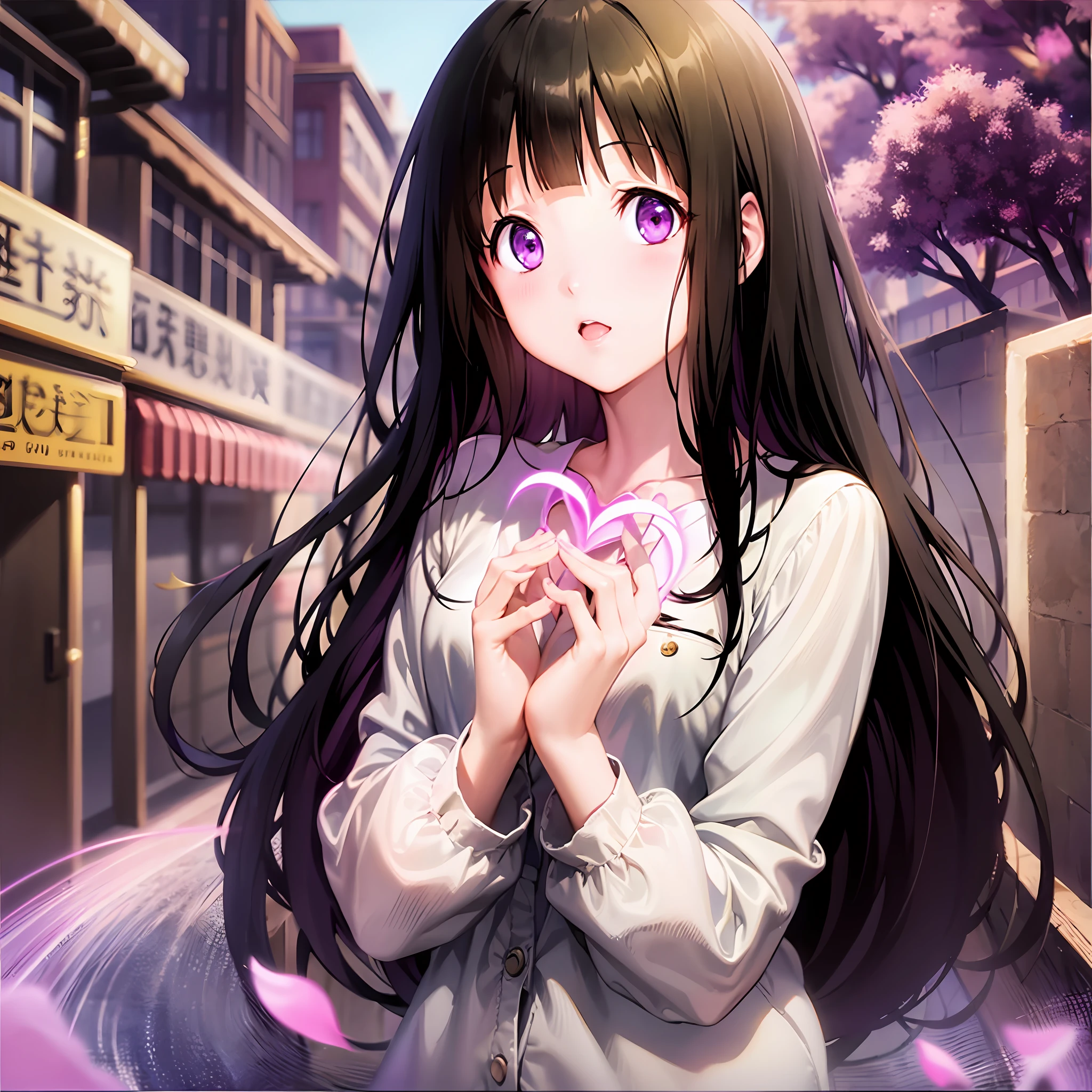 Hyouka Chitanda Anime girl with long black hair and purple eyes, makes a heart with your hands, kawai