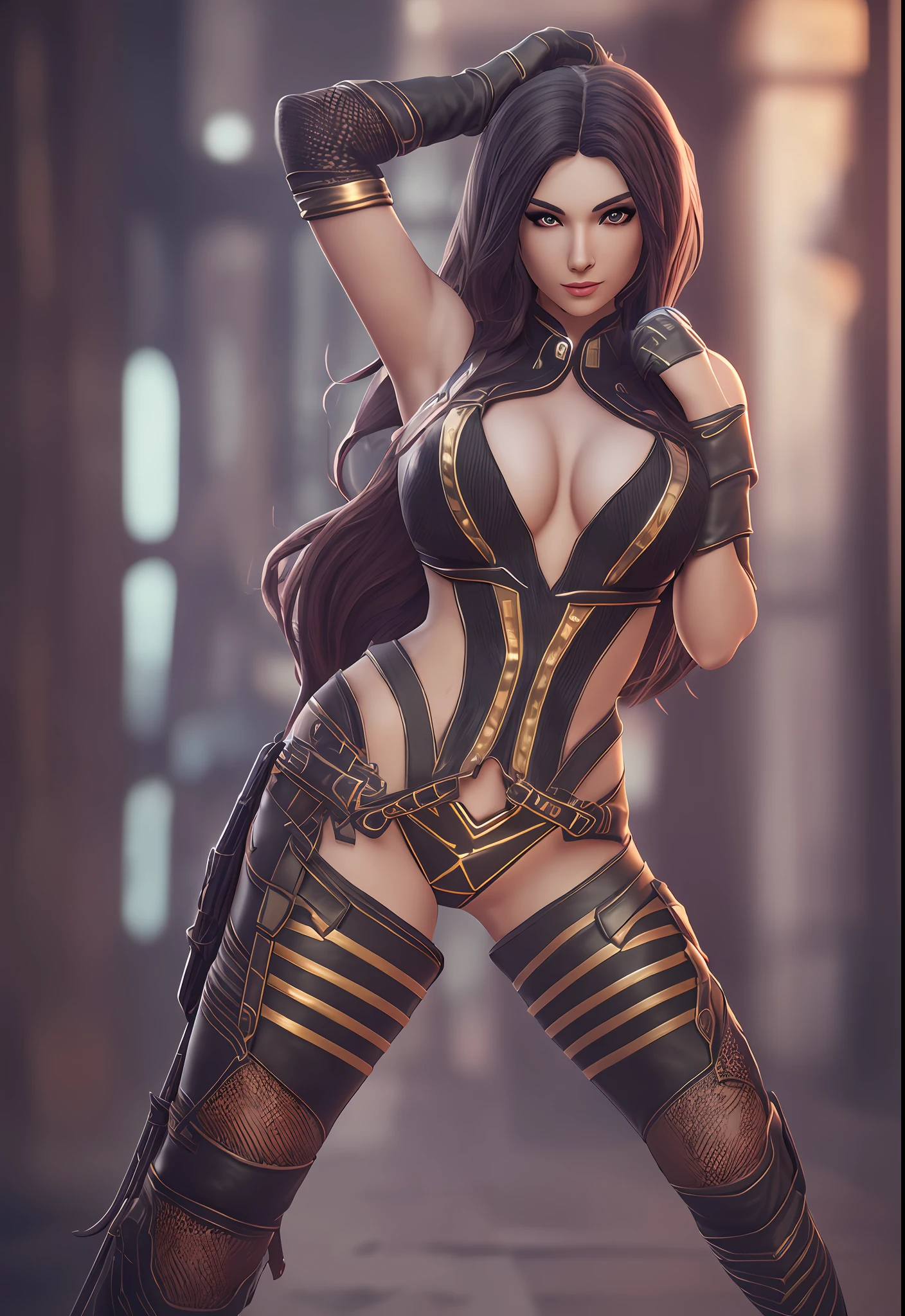 a realistic Photo of a woman wearing a miss fortune costume, (very pretty face), full body, 19 years old, (hour glass figure), beautiful, highly detailed skin, ((highly detailed face)), ((highly detailed eyes)), streching, ((realistic)), bokeh, 8k uhd, dslr, moody light, dramatic shadows,  , Thoughtful Pose, full length portrait, volumetric lighting, unreal engine --auto --s2