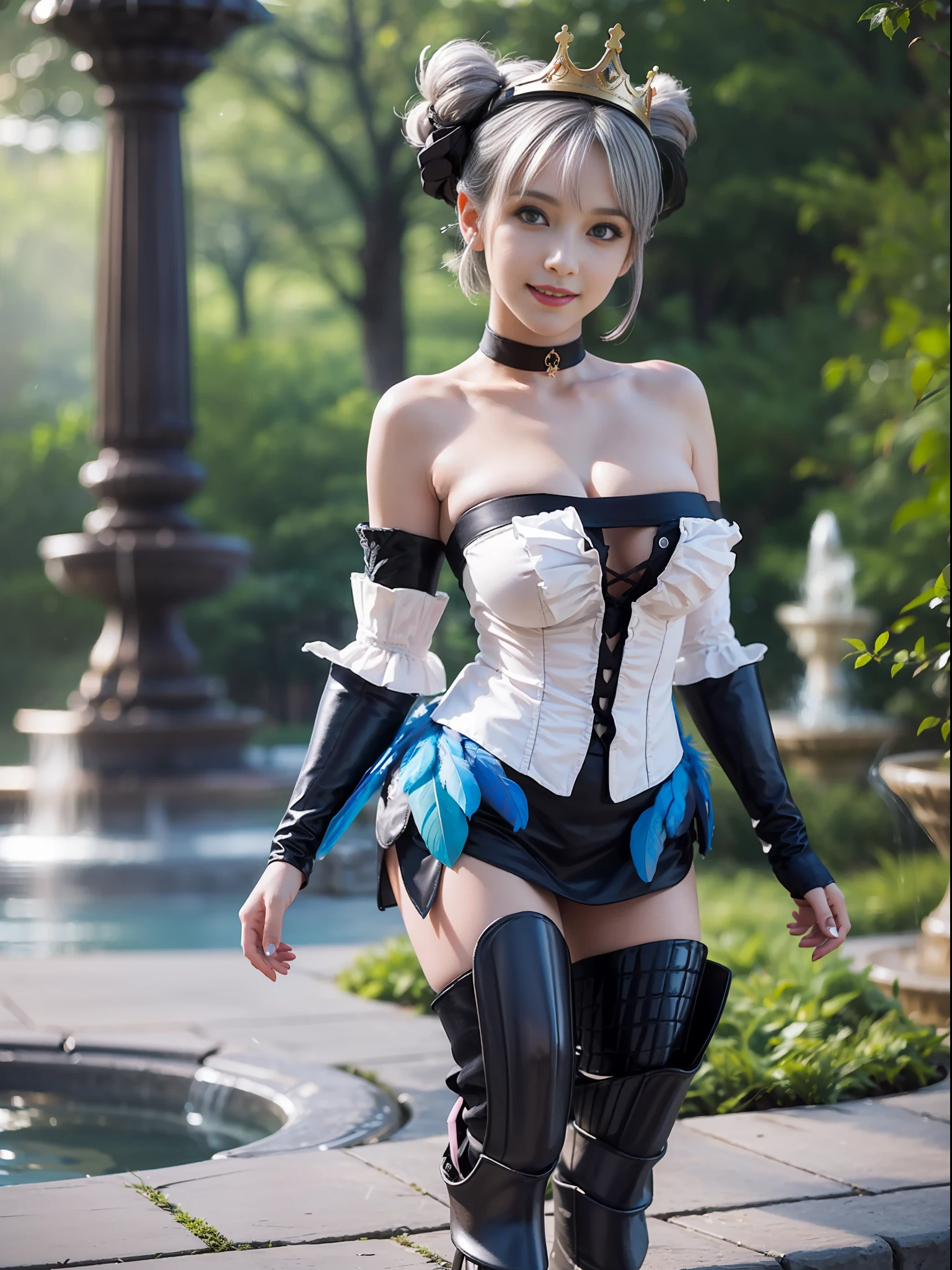 gwendolyn, (hip feathers, strapless dress, crown, detached sleeves, choker, armored thigh boots, feather hair buns:1.2), 1girl, seductive expression, sexy eyes, big breasts, smile, cute, looking at viewer, (light violet hair:1.2), (breast focus:1.2), (realistic:1.2), (realism), (masterpiece:1.2), (ultra high quality), (ultra detailed), (8k, 4k, intricate), (full body:1.5), (85mm), light particles, lighting, (highly detailed:1.2), (detailed face:1.2), (gradients), colorful, (detailed eyes:1.2), (detailed garden with fountains:1.2), (detailed background), (dynamic angle:1.2), (dynamic pose:1.2), (rule of third_composition:1.3), (Line of action:1.2), wide shot, daylight, solo.