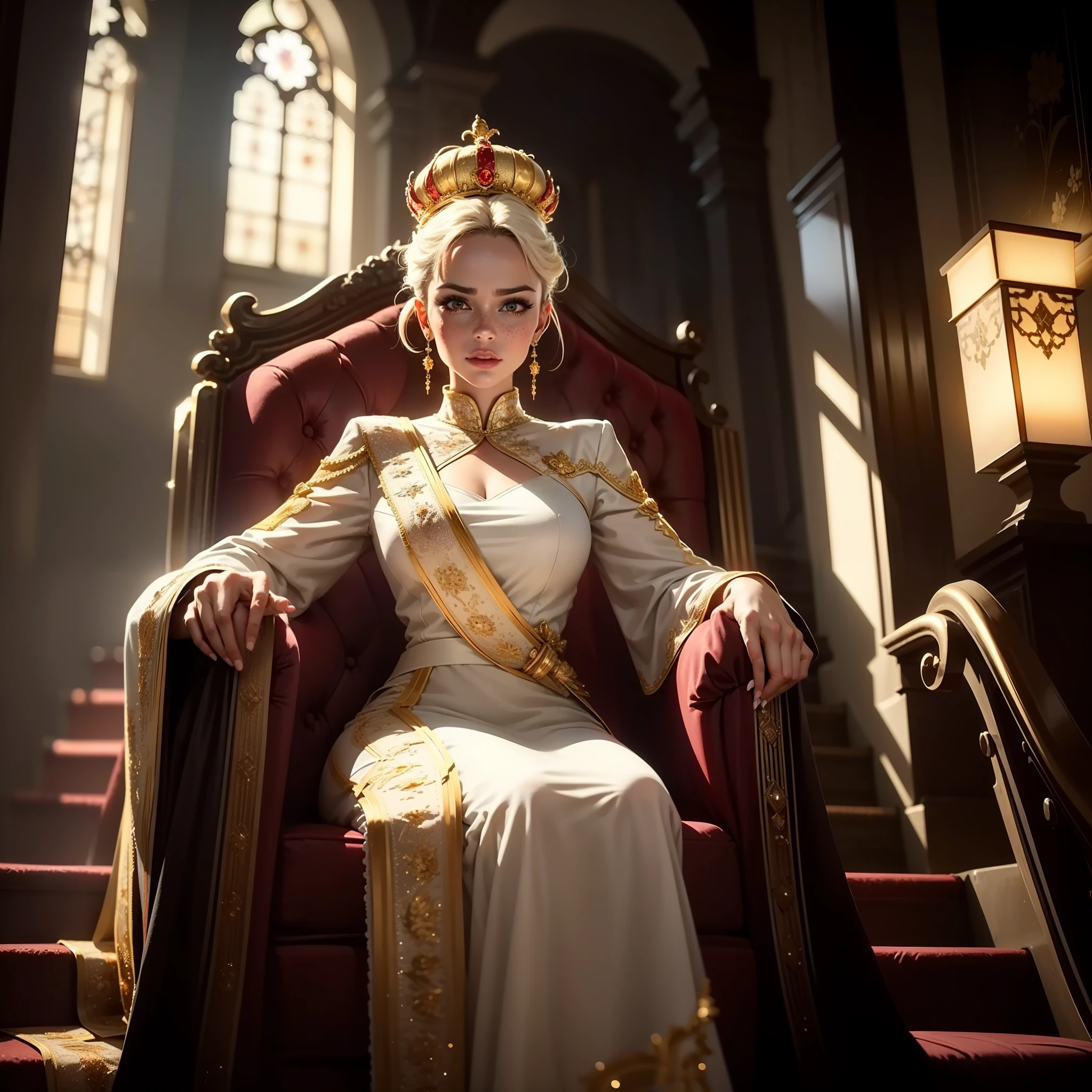 Extremely detailed woman sitting on her throne with reflective diamond details with a dominant pose in front of the stairs, giant and extremely detailed window behind her, with white blacklight, bright blonde hair with bangs, extremely large crown of diamonds, extremely light and bright large blue eyes, freckles, looking down with look of extreme contempt and hatred for the viewer, long, white dress with gold details and red straps, white fuzzy stairs in the middle and red fabric at the ends, with identical gold details in each fold,, extremely strong lighting and shadow on the hair, extremely strong shadow on the face, diamond details,volumetric lighting, unreal render, octane render, perfect face, perfect dress, perfect hands, perfect face, perfect eyes, glamour atmosphere, ray tracing reflections, ray traced, rtx, hdr, sharpen, cinematic, golden hour