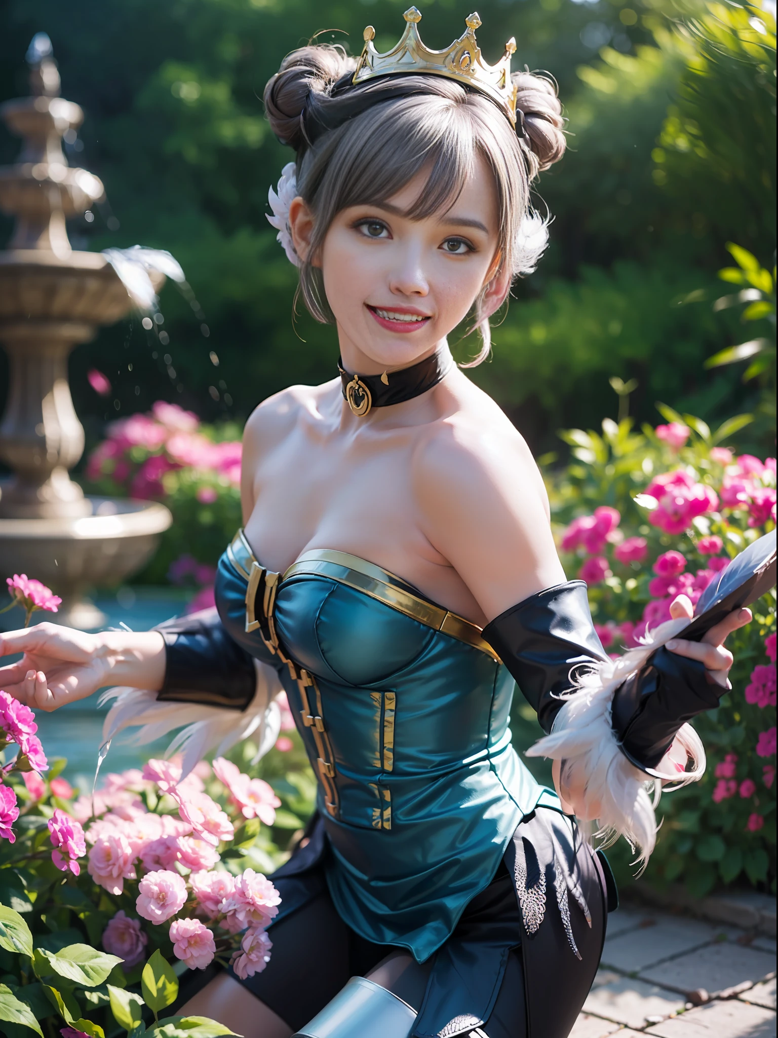 gwendolyn, (hip feathers, strapless dress, crown, detached sleeves, choker, armored thigh boots, feather hair buns:1.2), 1girl, seductive expression, sexy eyes, big breasts, smile, cute, looking at viewer, (light violet hair:1.2), (breast focus:1.2), (realistic:1.2), (realism), (masterpiece:1.2), (ultra high quality), (ultra detailed), (8k, 4k, intricate), (full body:1.5), (85mm), light particles, lighting, (highly detailed:1.2), (detailed face:1.2), (gradients), colorful, (detailed eyes:1.2), (detailed garden with fountains:1.2), (detailed background), (dynamic angle:1.2), (dynamic pose:1.2), (rule of third_composition:1.3), (Line of action:1.2), wide shot, daylight, solo.