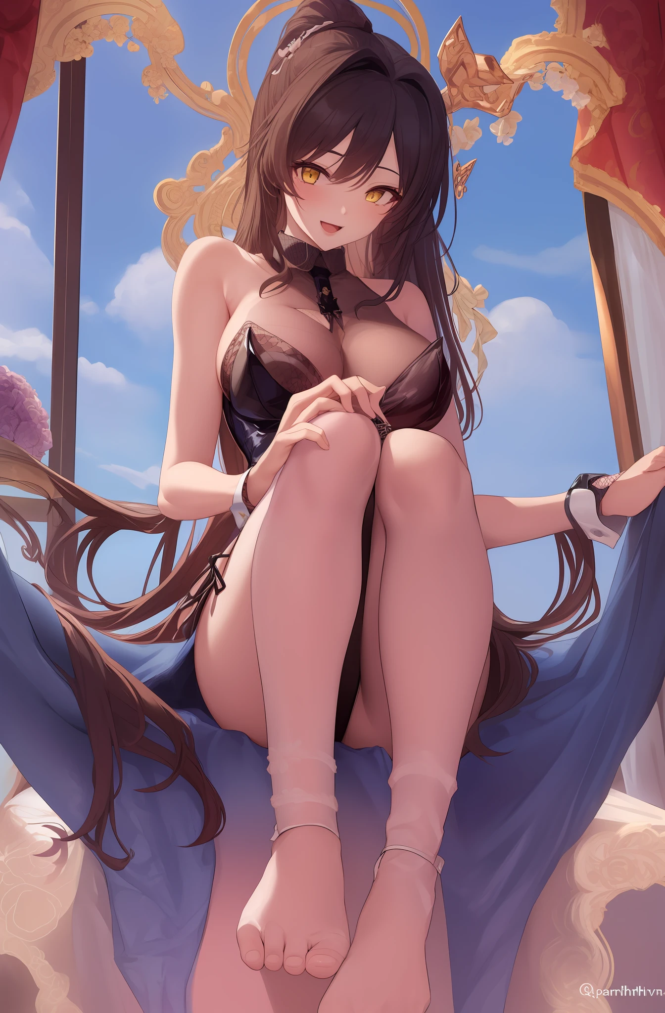 1girl in, 独奏, rabbit ear, animal ear, a playboy bunny, panthyhose, fishnet tights, length hair, sitting on, leotard, Black Leotard,length hair, neck tie, Fishnet Thai Pantyhose, florals, a smile, open open mouth, Plain shoulders, wrist cuffs, plushie, white blossoms, Strapless, strapless leotard, yellow eyes, PILLOWS, bangss, Black tie, big breasts
White pantyhose,hugetits,(шедевр),(beste-Qualit),shinny skin,Blanc \(Nicke\)
