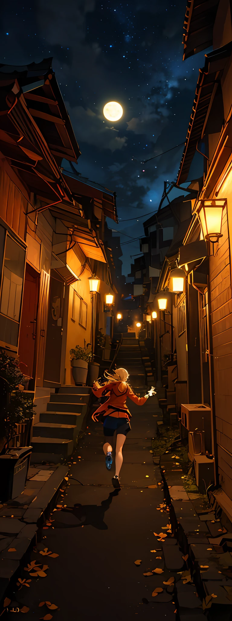 Expansive landscape photograph (seen from below, which shows the sky above and the open street, alleyway, slums), A  girl, running down the alley and looking up (full moon: 1,2), (Flying leaves: 0,9), (nebula: 1,3), A Distant Mountain , дерево BREAK production art, (Warm light source:1.2), (Firefly:1.2), lamp, Lots of purple and orange, intricate details, volumetric lighting BREAK (шедевр:1.2), (beste-Qualit), 4k, overdetalization , (dynamic composition: 1.4), Highly detailed, colorful details, (Rainbow colors: 1.2), (Glowing Lighting, Ambiance Lighting), dreamy, elvish, (独奏: 1.2)