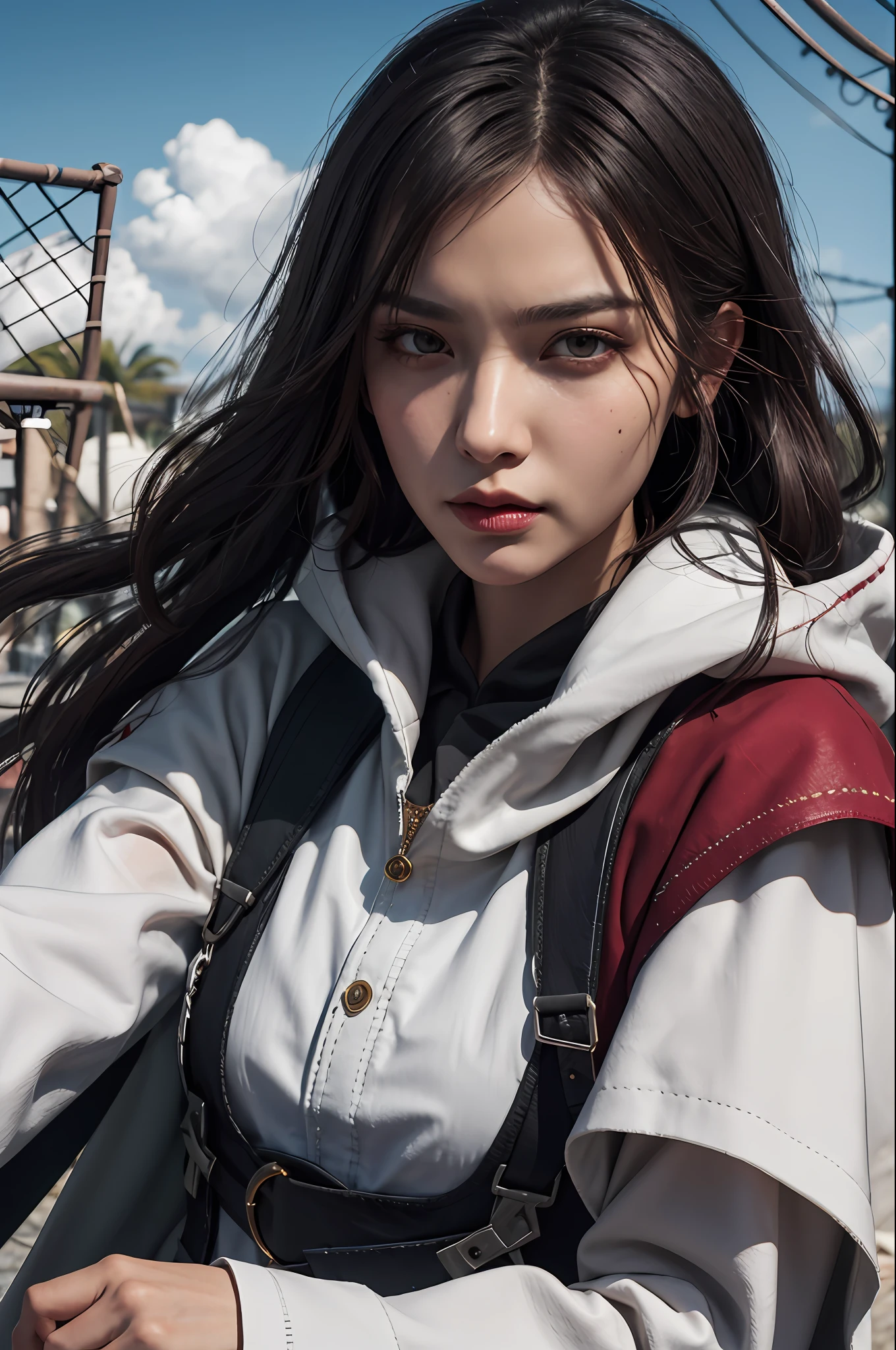 (absurdres, highres, ultra detailed), 1woman, mature female, aged up, wavy long hair, dark brown hair, pink eyes, bangs, long sleeves, finely detailed eyes and detailed face, extremely detailed CG unity 8k wallpaper, intricate details, portrait, (bloody scars:0.7), looking down, solo, upper body, detailed background, determined expression, assassins creed,  assassin, hidden wrist-blade, black rugged  assassin clothes, hood, capelet,  small knives,  revolutionary, dynamic pose,  caribbean island setting, golden age of piracy, closed gate in background, dust, , portrait, wind swirling