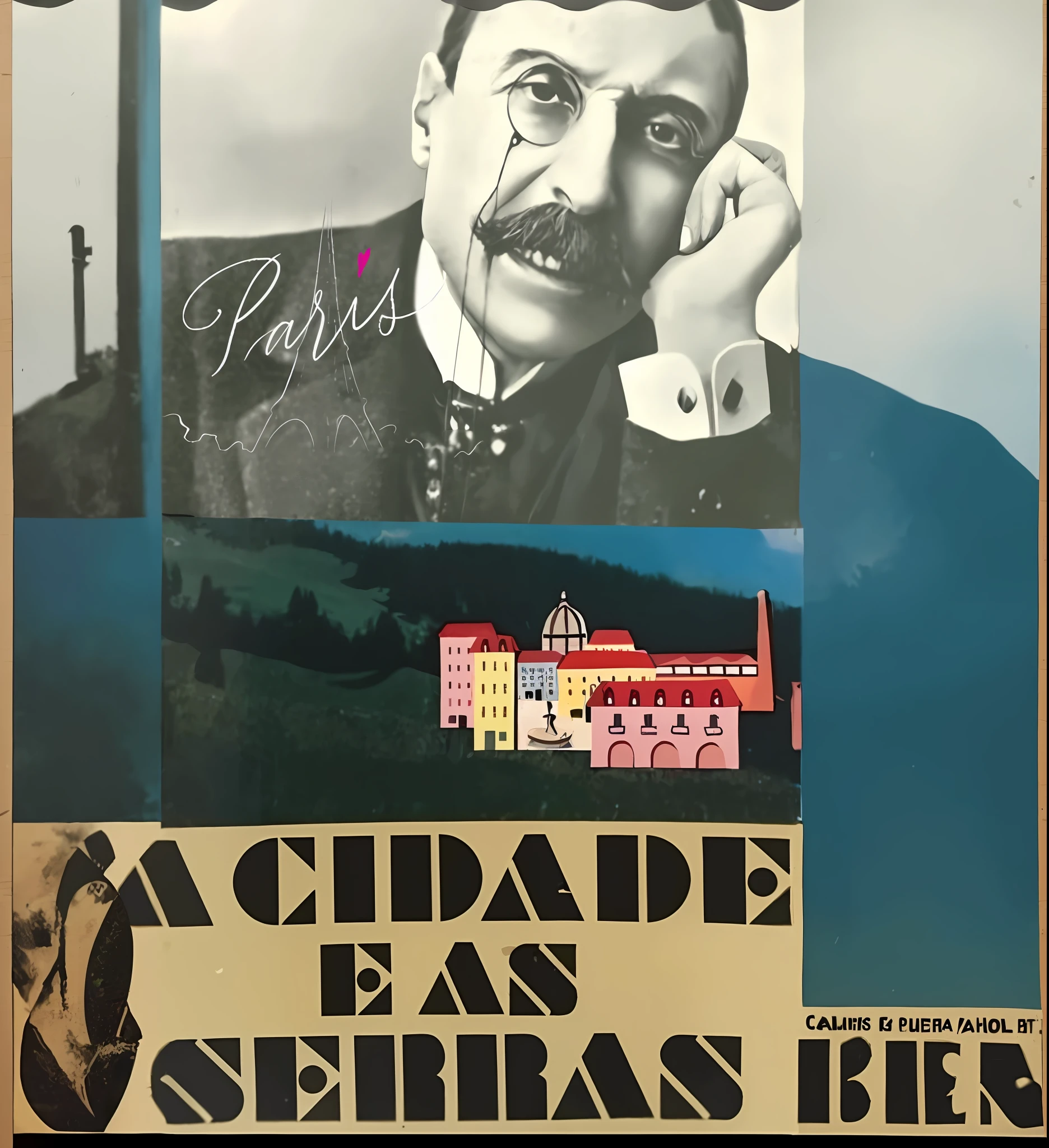 um close up de um cartaz com um homem de terno e gravata, colagem dada, inspirado em Tivadar Alconiere, Directed by: Tivadar Alconiere, guache, ( Colagem ), inspirado em Luis Paret y Alcazar, inspirado em Pierre Brissaud, edouard caplain, inspired by Antônio Parreiras