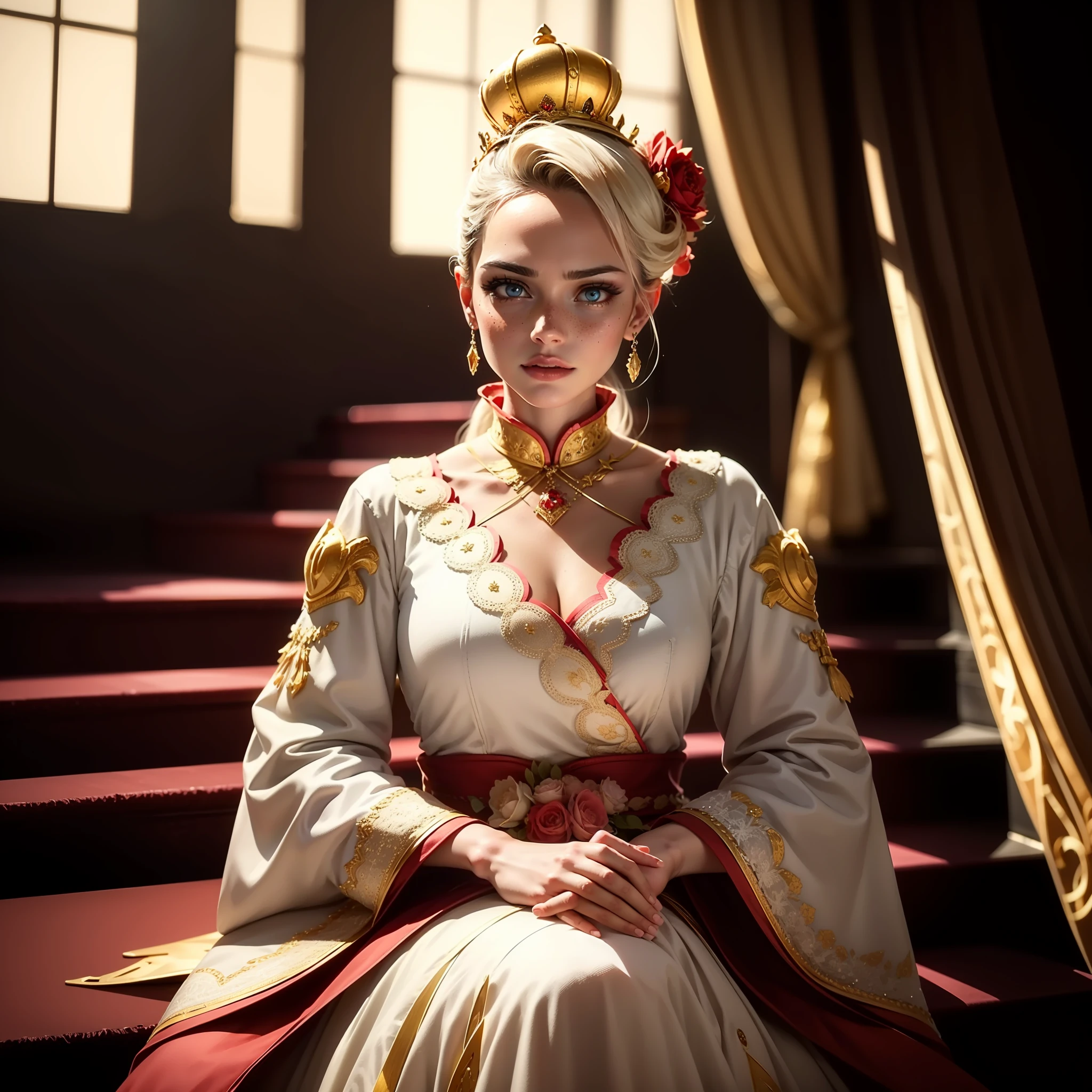 Extremely detailed woman sitting on her throne with reflective diamond details with a dominant pose in front of the stairs, giant and extremely detailed window behind her, with white blacklight, bright blonde hair with bangs, extremely large crown of diamonds, extremely light and bright large blue eyes, freckles, looking down with look of extreme contempt and hatred for the viewer, long, white dress with gold details and red straps, white fuzzy stairs in the middle and red fabric at the ends, with identical gold details in each fold,, extremely strong lighting and shadow on the hair, extremely strong shadow on the face, diamond details,volumetric lighting, unreal render, octane render, perfect face, perfect dress, perfect hands, perfect face, perfect eyes, glamour atmosphere, ray tracing reflections, ray traced, rtx, hdr, sharpen, cinematic, golden hour