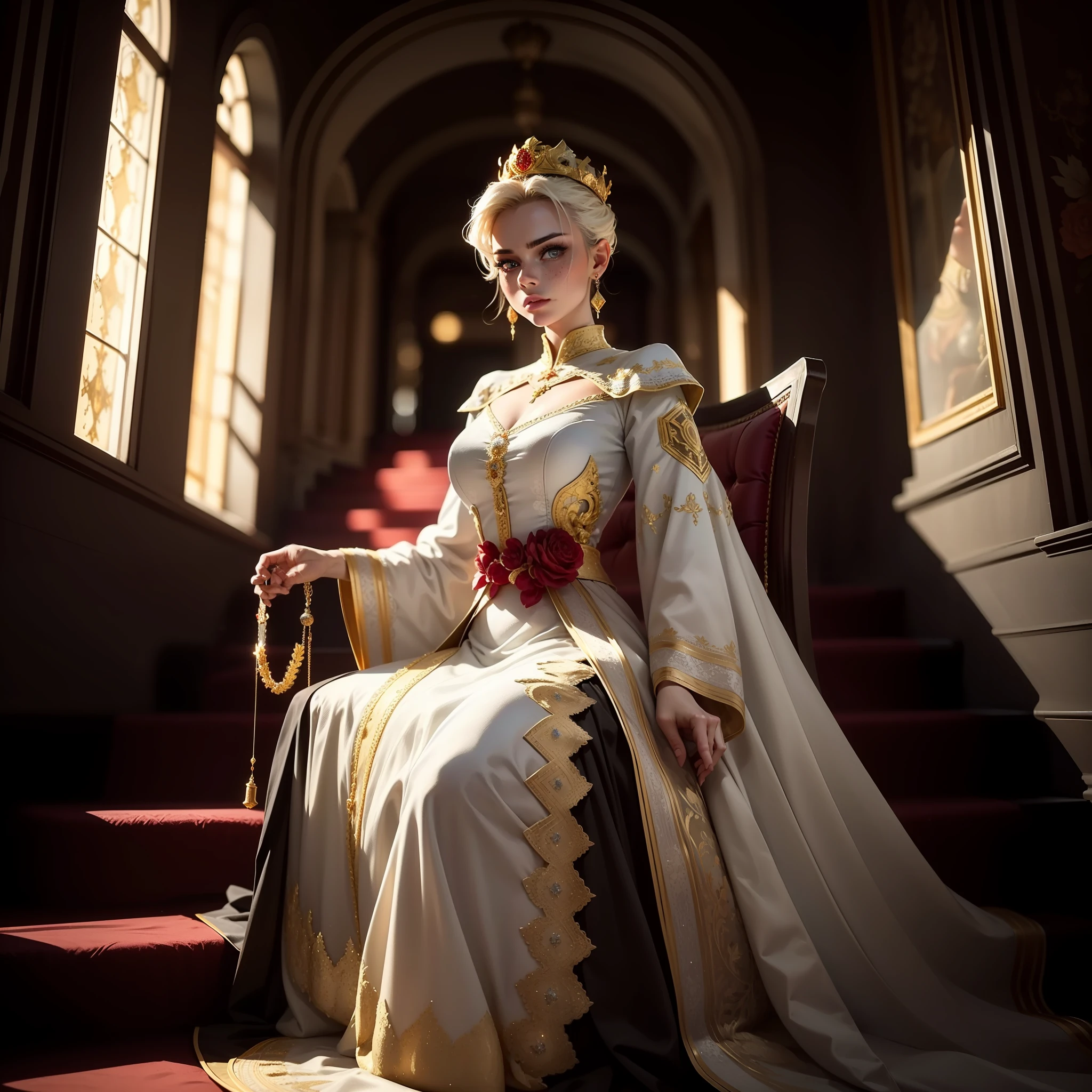 Extremely detailed woman sitting on her throne with reflective diamond details with a dominant pose in front of the stairs, giant and extremely detailed window behind her, with white blacklight, bright blonde hair with bangs, extremely large crown of diamonds, extremely light and bright large blue eyes, freckles, looking down with look of extreme contempt and hatred for the viewer, long, white dress with gold details and red straps, white fuzzy stairs in the middle and red fabric at the ends, with identical gold details in each fold,, extremely strong lighting and shadow on the hair, extremely strong shadow on the face, diamond details,volumetric lighting, unreal render, octane render, perfect face, perfect dress, perfect hands, perfect face, perfect eyes, glamour atmosphere, ray tracing reflections, ray traced, rtx, hdr, sharpen, cinematic, golden hour