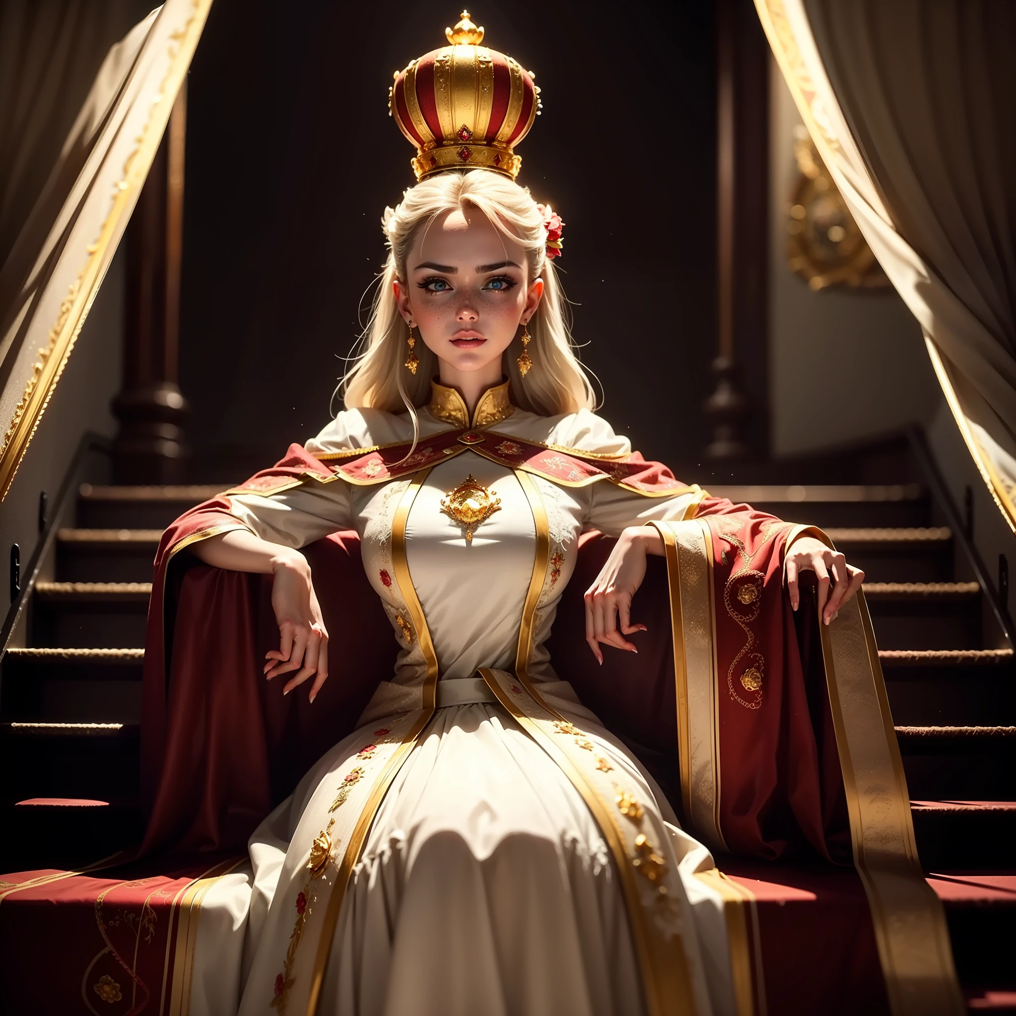 Extremely detailed woman sitting on her throne with reflective diamond details with a dominant pose in front of the stairs, giant and extremely detailed window behind her, with white blacklight, bright blonde hair with bangs, extremely large crown of diamonds, extremely light and bright large blue eyes, freckles, looking down with look of extreme contempt and hatred for the viewer, long, white dress with gold details and red straps, white fuzzy stairs in the middle and red fabric at the ends, with identical gold details in each fold,, extremely strong lighting and shadow on the hair, extremely strong shadow on the face, diamond details,volumetric lighting, unreal render, octane render, perfect face, perfect dress, perfect hands, perfect face, perfect eyes, glamour atmosphere, ray tracing reflections, ray traced, rtx, hdr, sharpen, cinematic, golden hour