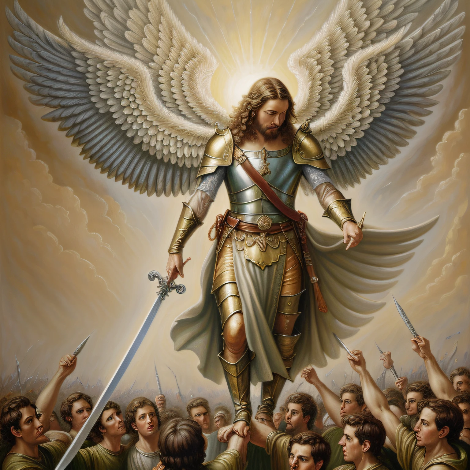 Angel Michael leading the angels in combat, sword. oil painting