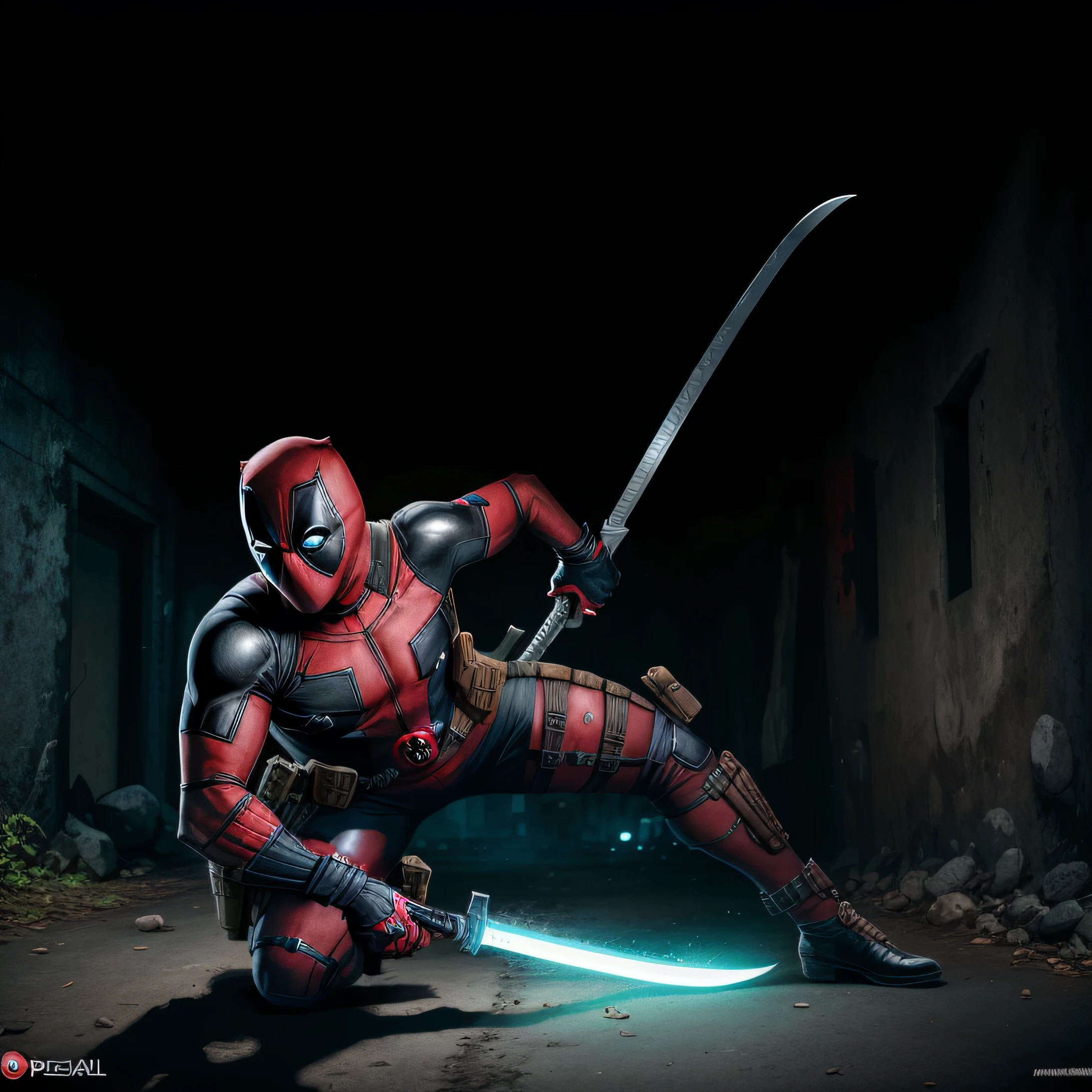 deadpool com espada no auto de uma montanha --auto