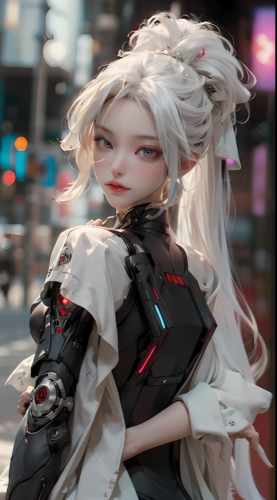 ((Best quality)), ((masterpiece)), (detailed:1.4), 3D, an image of a beautiful cyberpunk female, long hair,white hair,red eyes